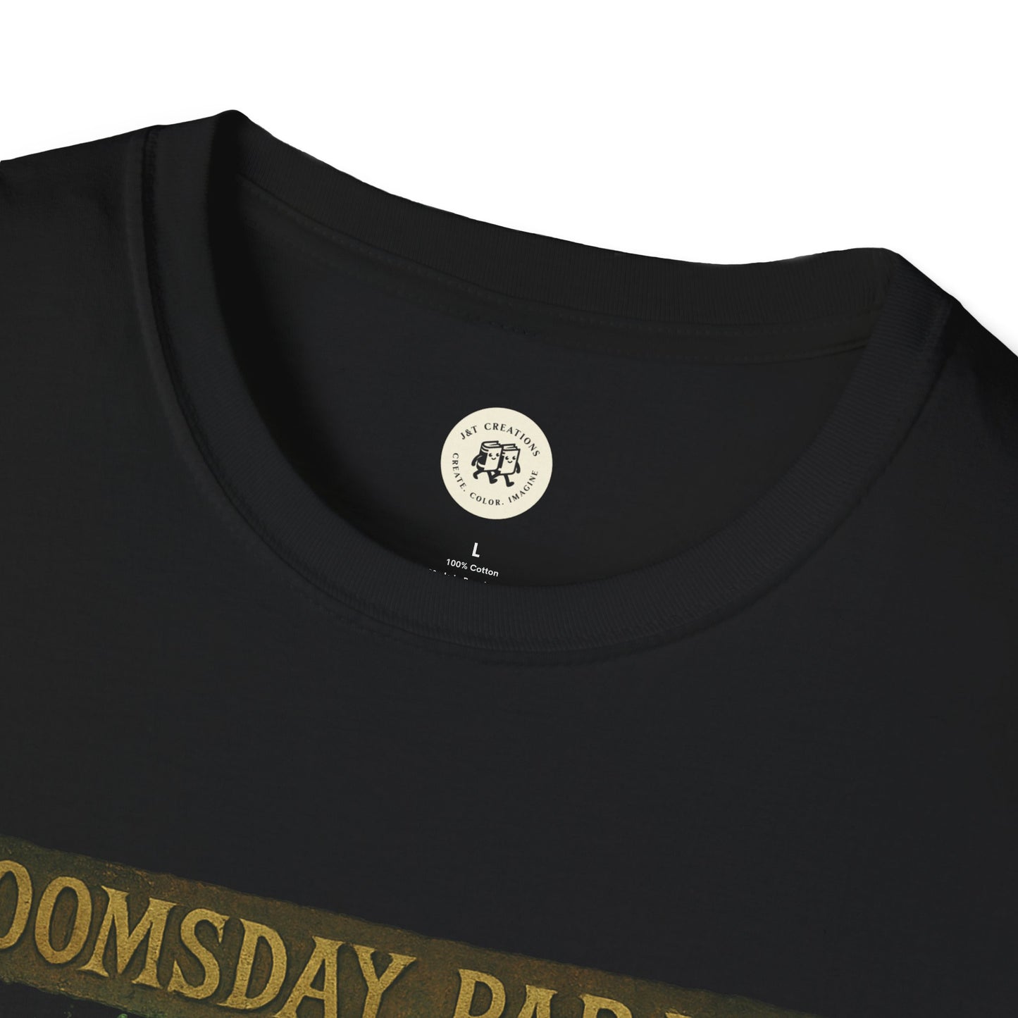 Close-up of black Printify Doomsday Parade graphic tee with round neckline and partial print