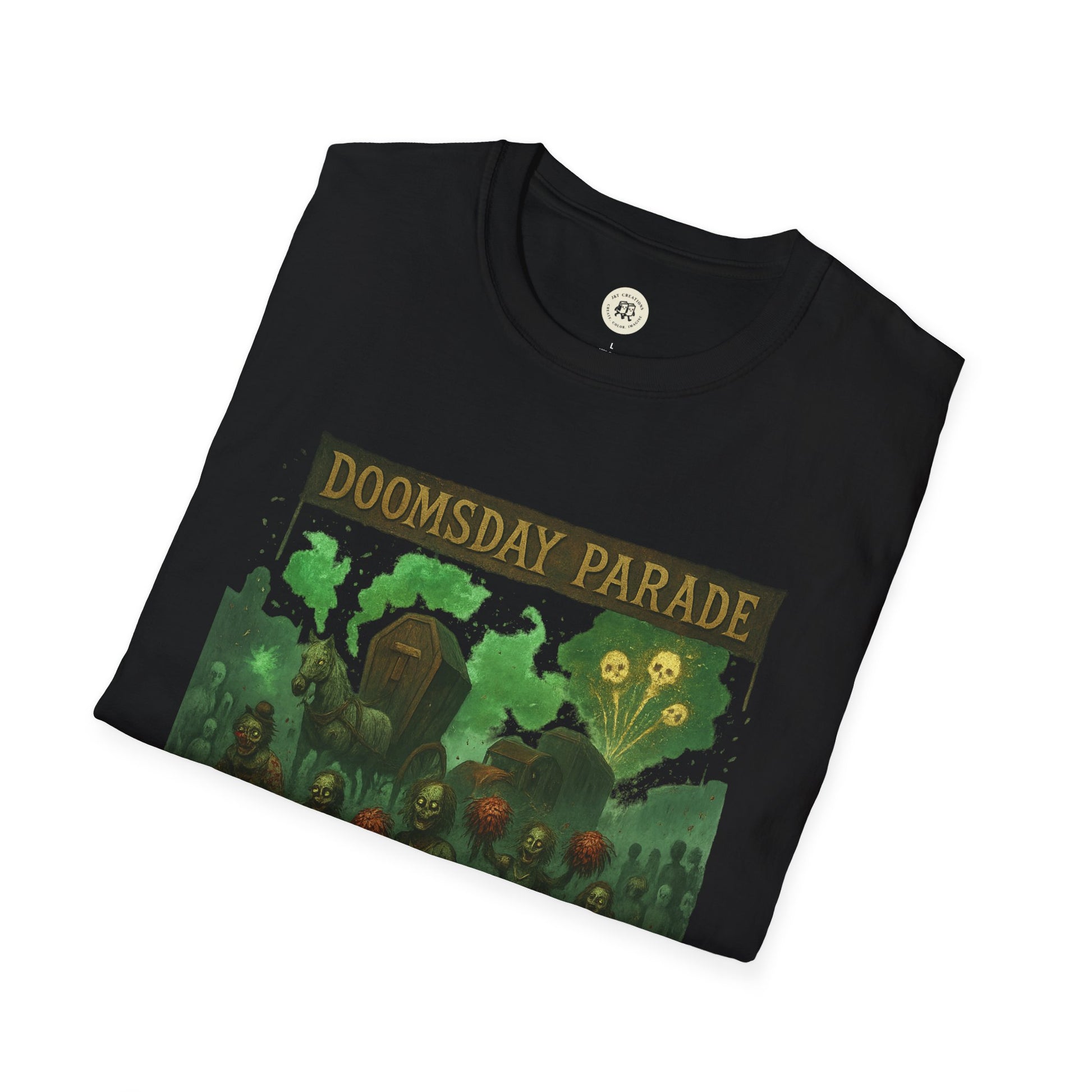 Black Printify T-Shirt featuring Doomsday Parade graphic tee with spooky undead and dark green tones