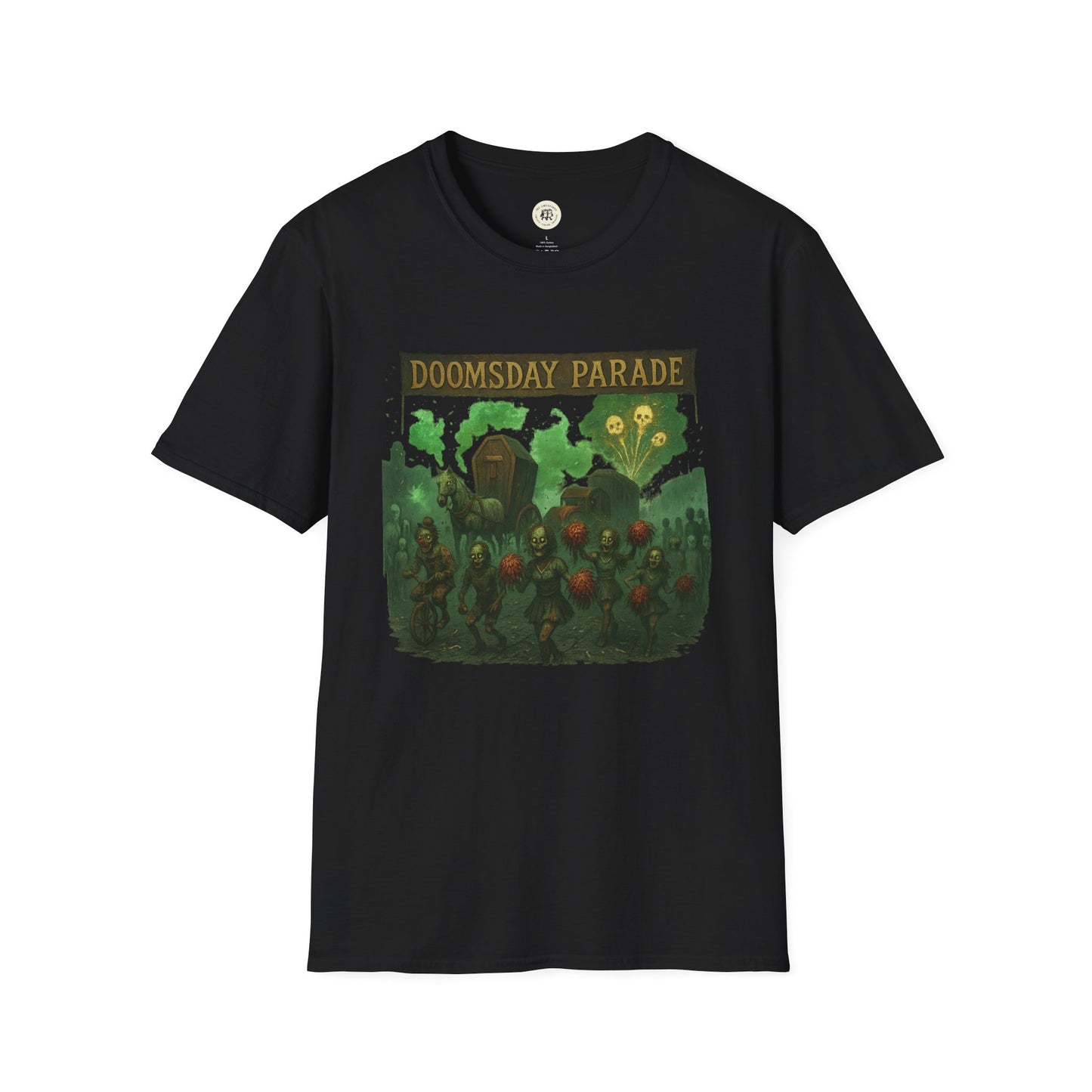 Black Printify T-Shirt featuring Doomsday Parade graphic tee with eerie green and orange apocalyptic design