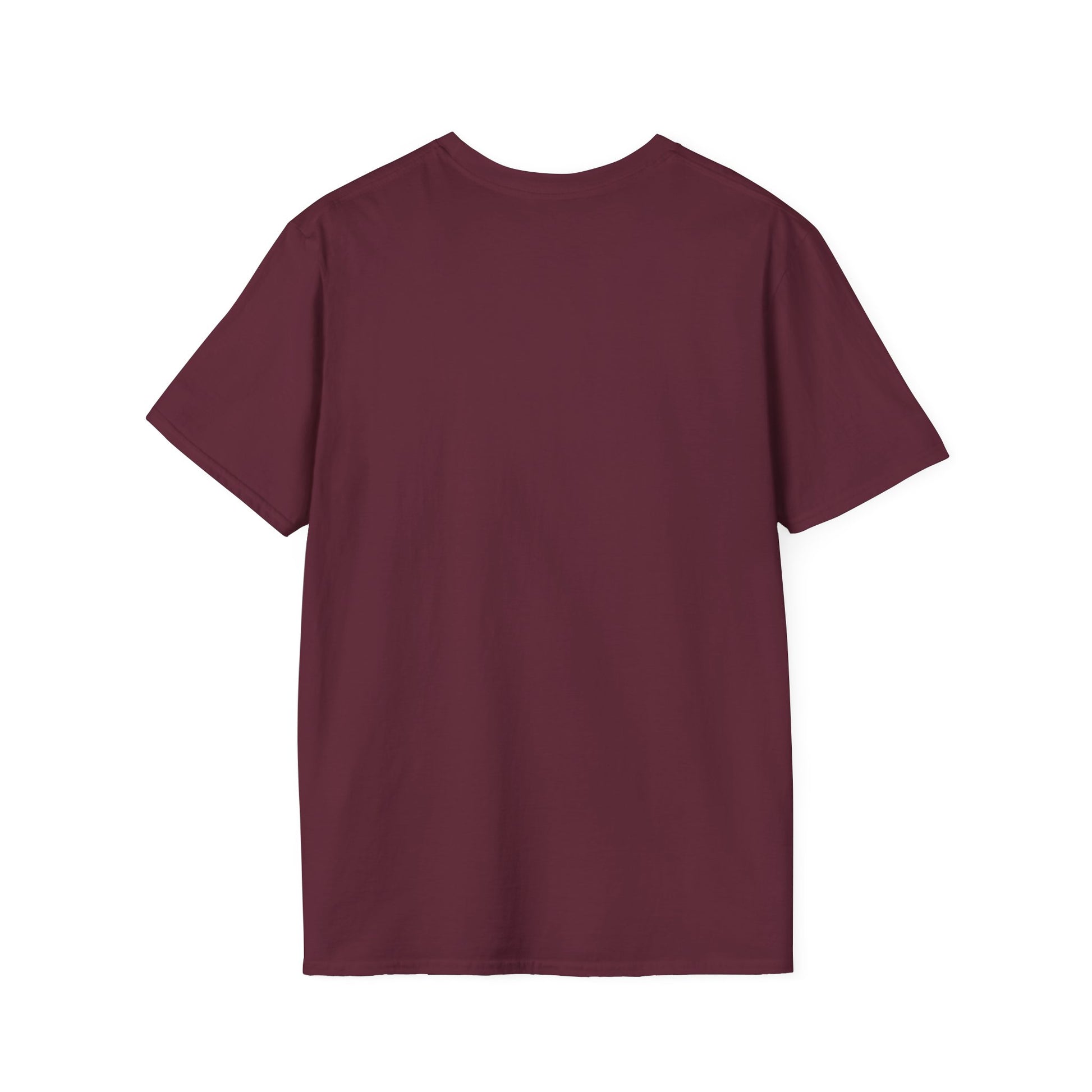 Back view of maroon Doomsday Parade graphic tee by Printify with short sleeves and crew neck