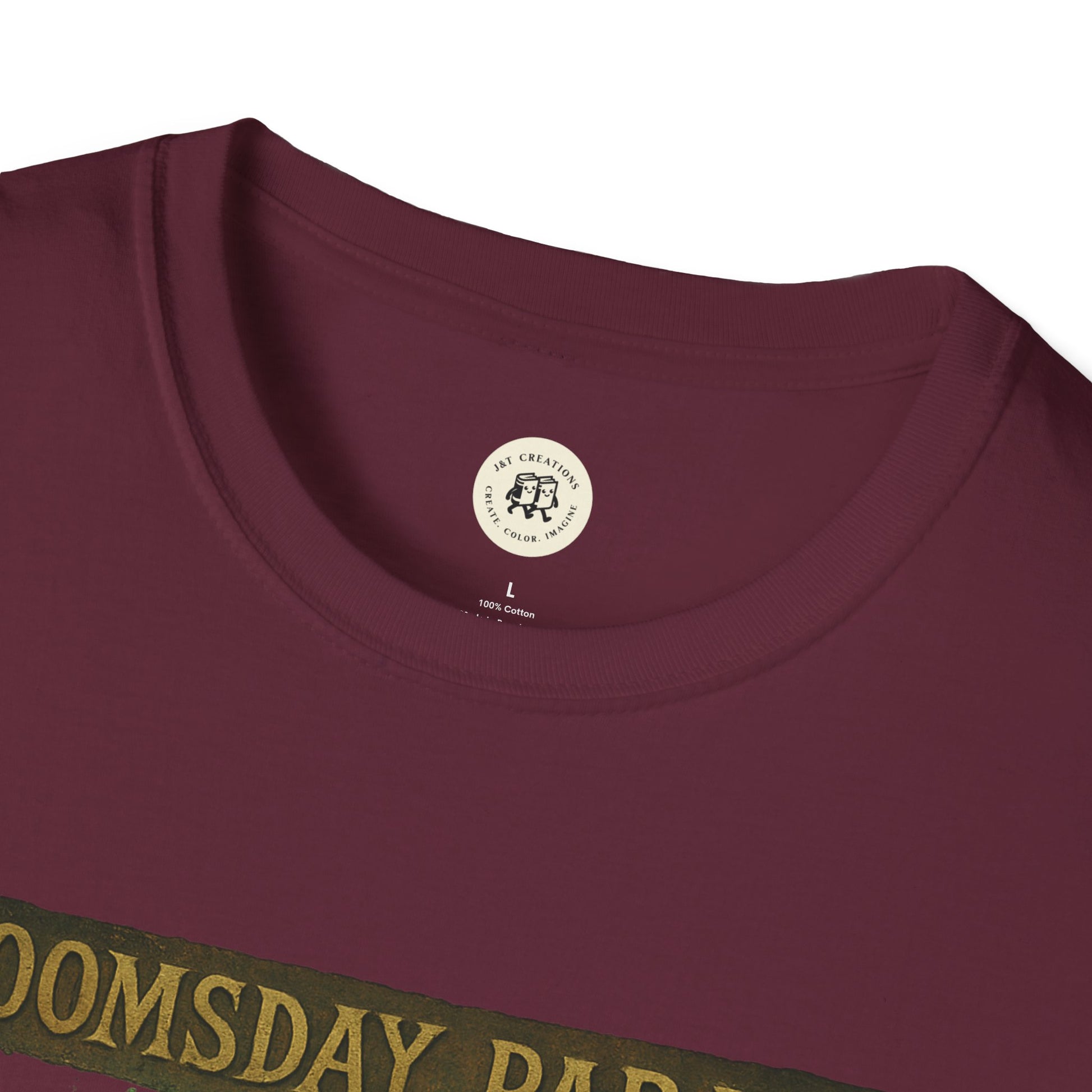 Close-up of maroon Doomsday Parade graphic tee collar and partial print on cotton fabric