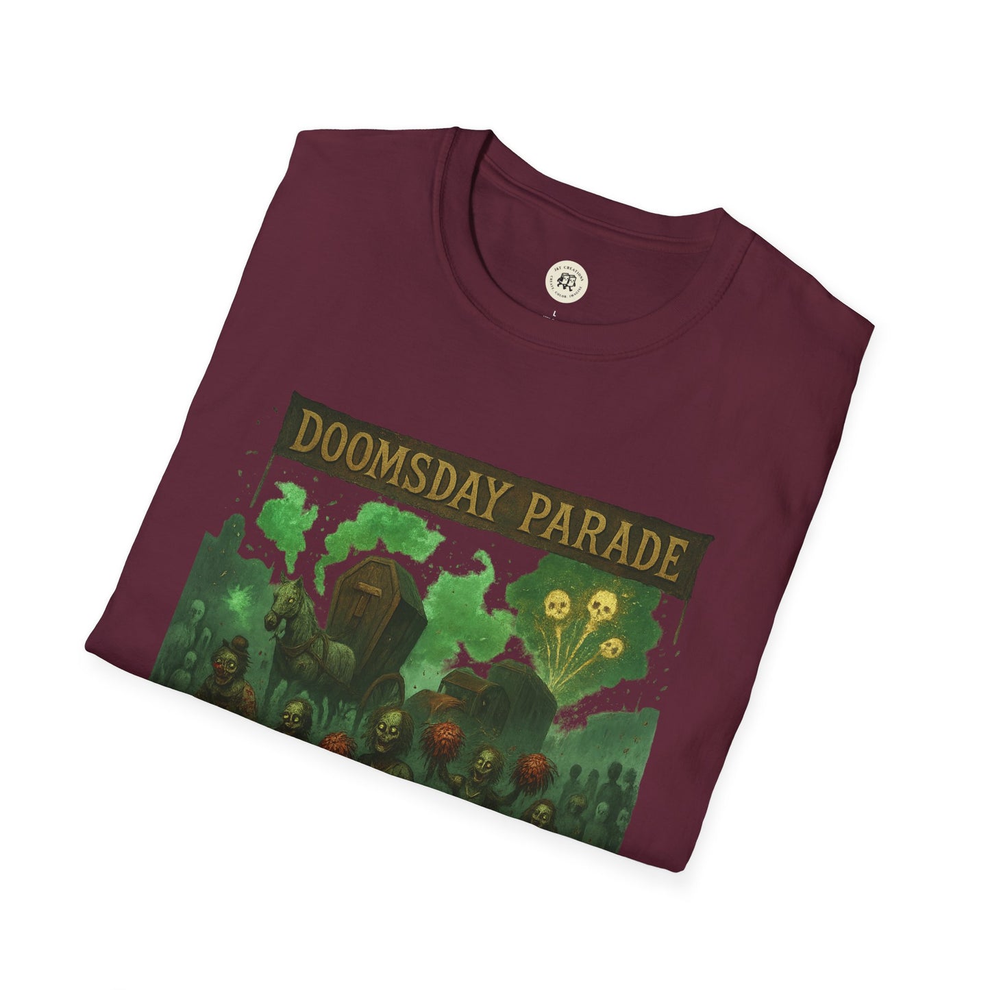 Folded maroon Printify t-shirt featuring a Doomsday Parade graphic tee with spooky green and skull design