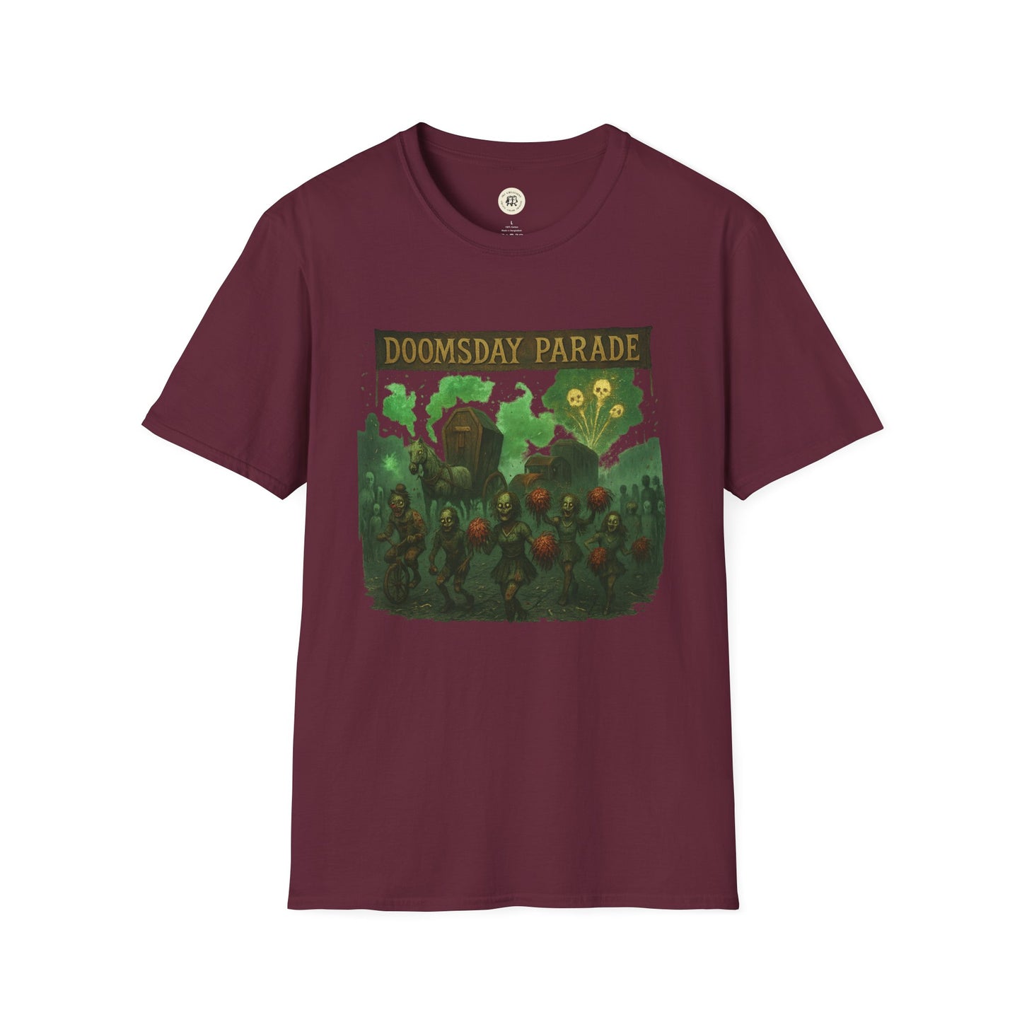 Burgundy Printify Doomsday Parade graphic tee featuring a dark apocalyptic parade design