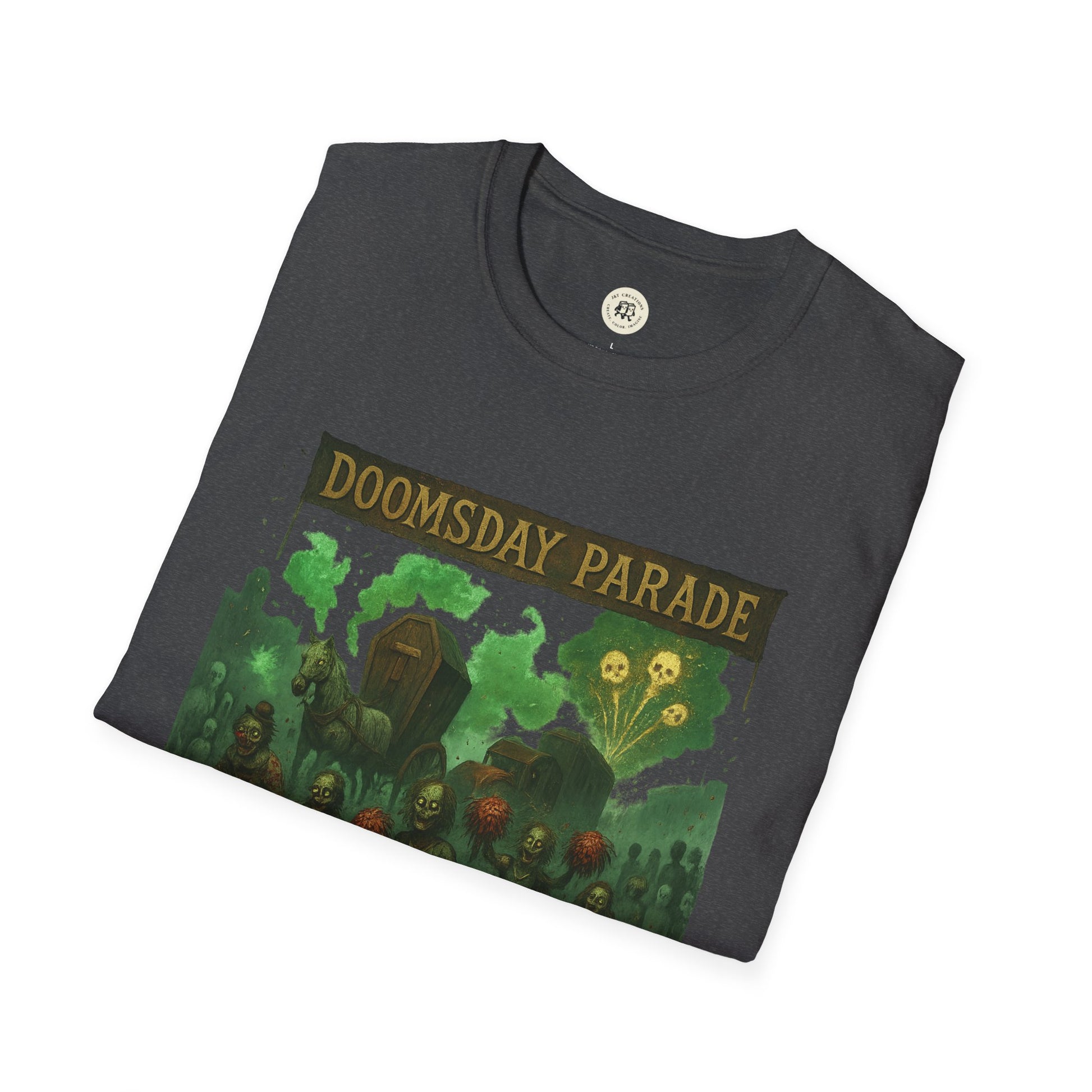 Printify Doomsday Parade graphic tee with dark eerie design featuring skulls and haunted carriage