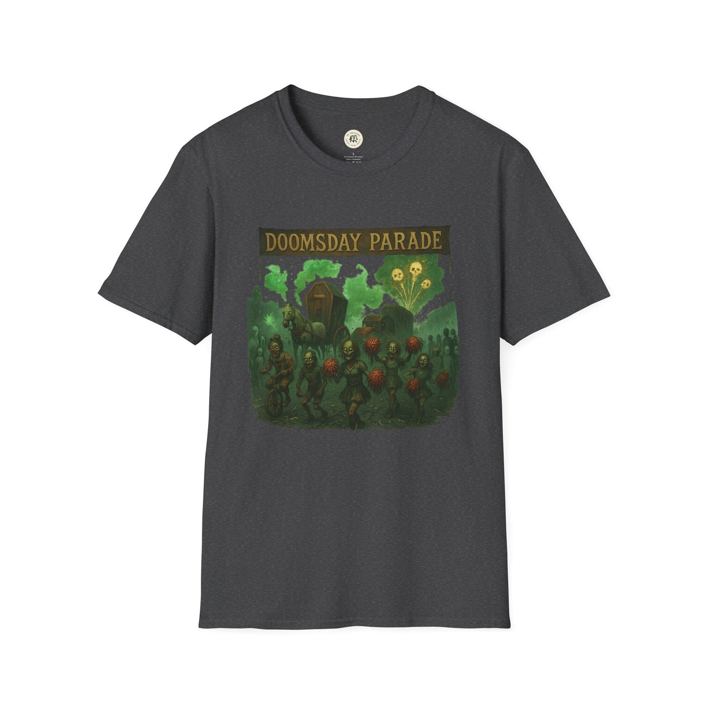 Printify Doomsday Parade graphic tee in dark gray with eerie apocalypse-themed illustration