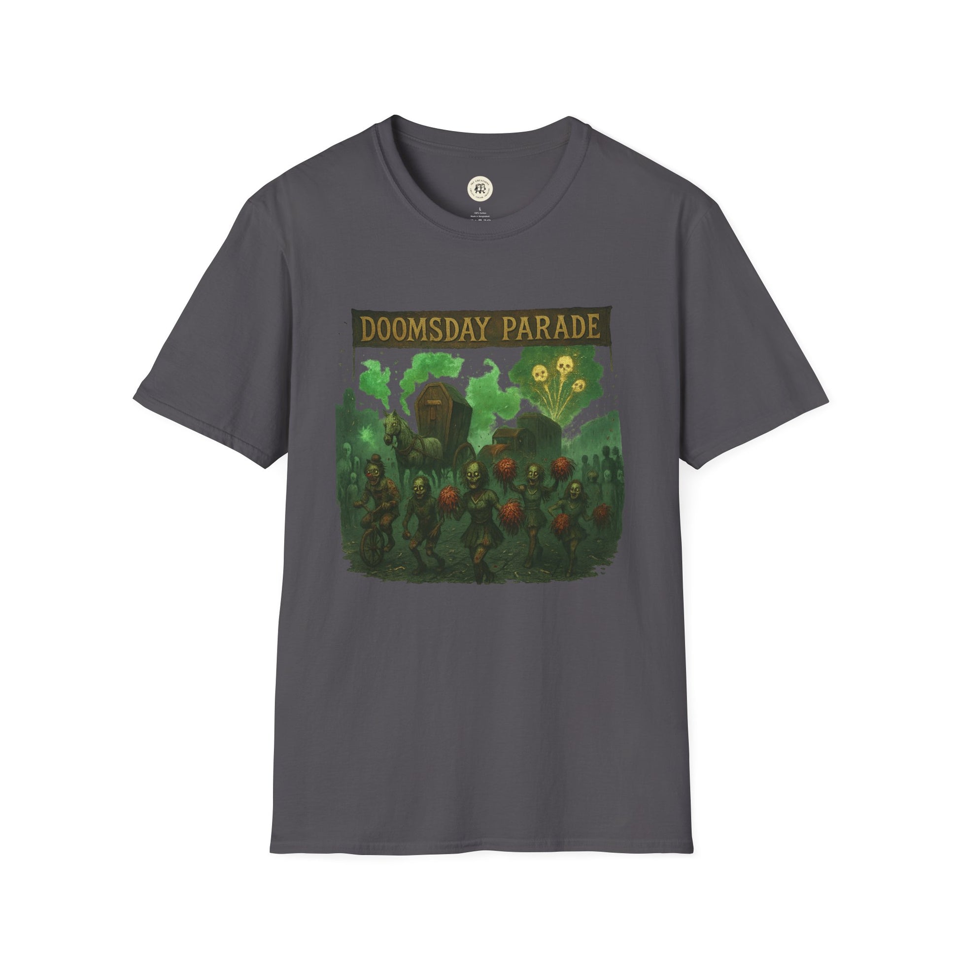 Dark gray Doomsday Parade graphic tee by Printify featuring eerie green and red zombie parade design