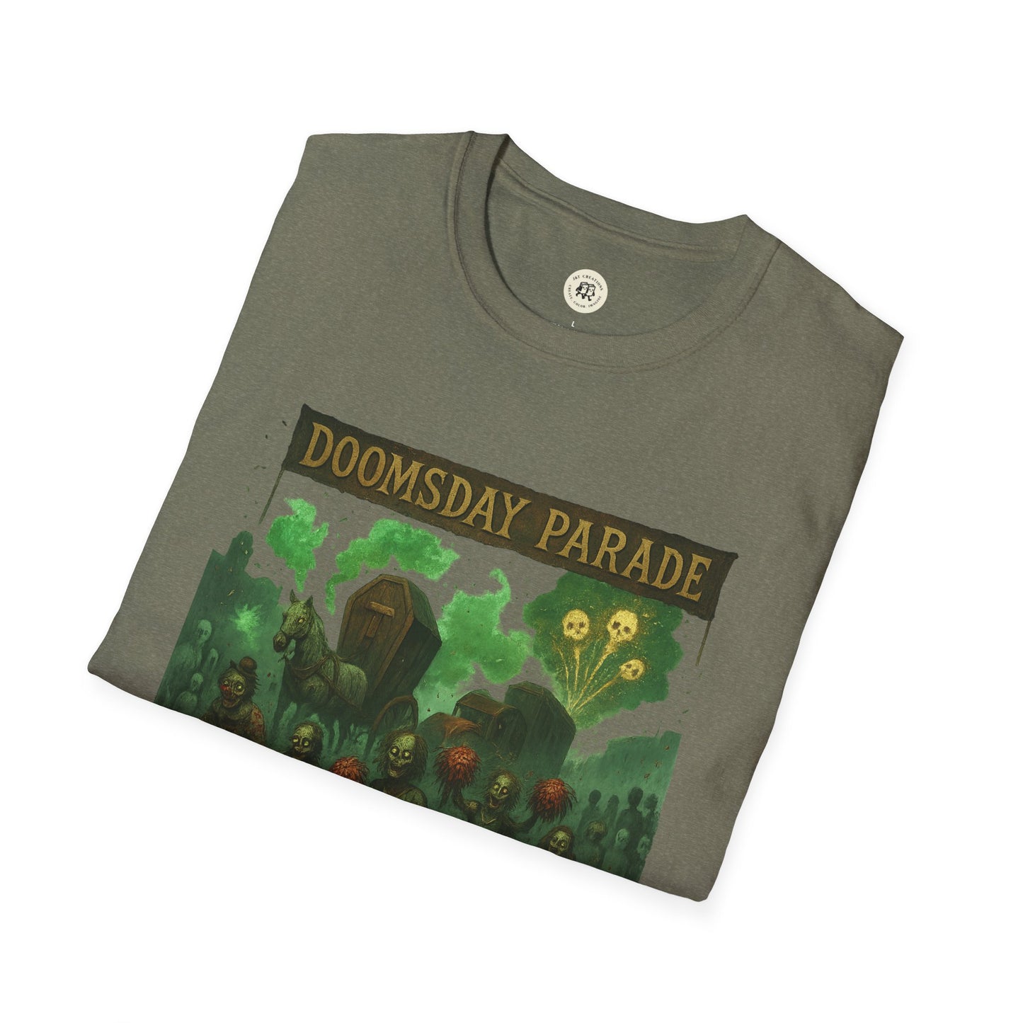 Folded Printify Doomsday Parade graphic tee in olive green with spooky undead and eerie green smoke design