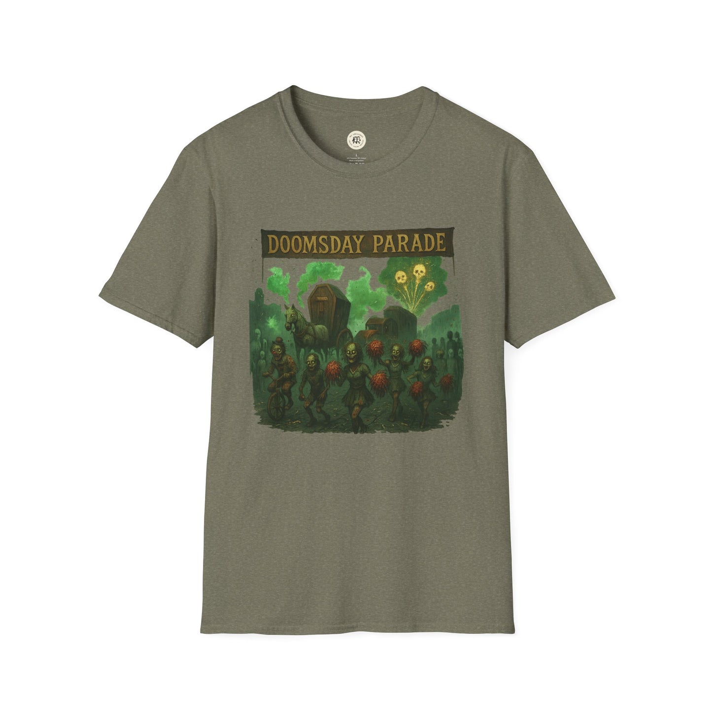 Printify olive green Doomsday Parade graphic tee featuring a dark eerie parade design with skulls and green smoke