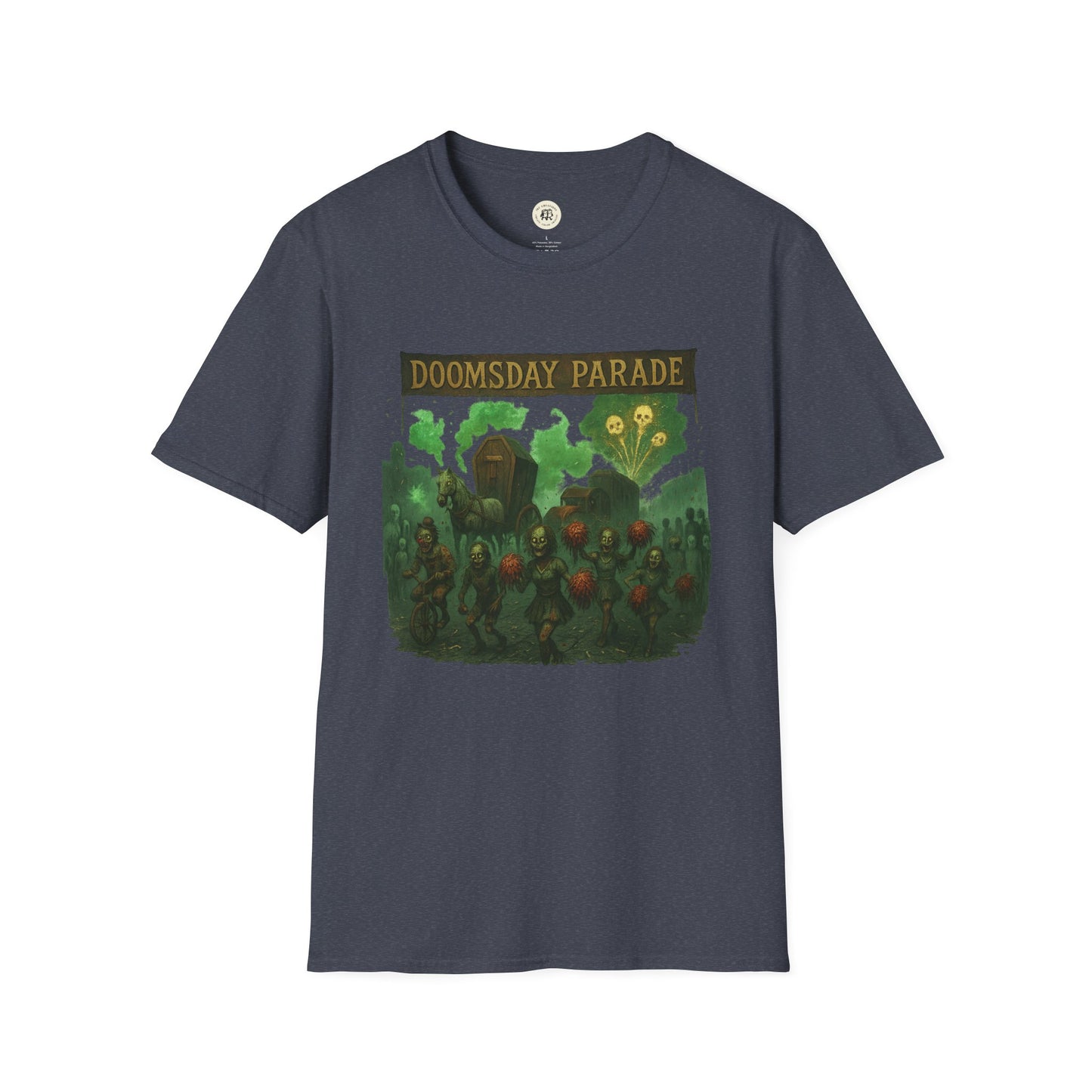 Printify Doomsday Parade graphic tee with dark green and red apocalyptic design on navy blue T-shirt