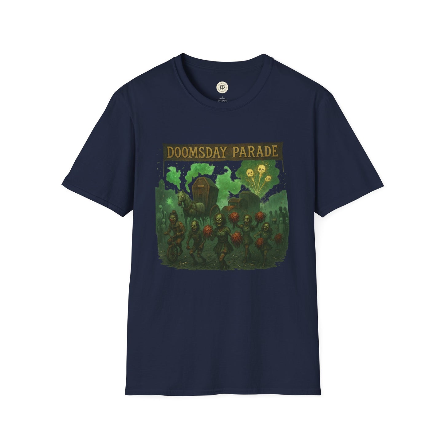 Navy blue Doomsday Parade graphic tee by Printify featuring eerie green and orange zombie parade design