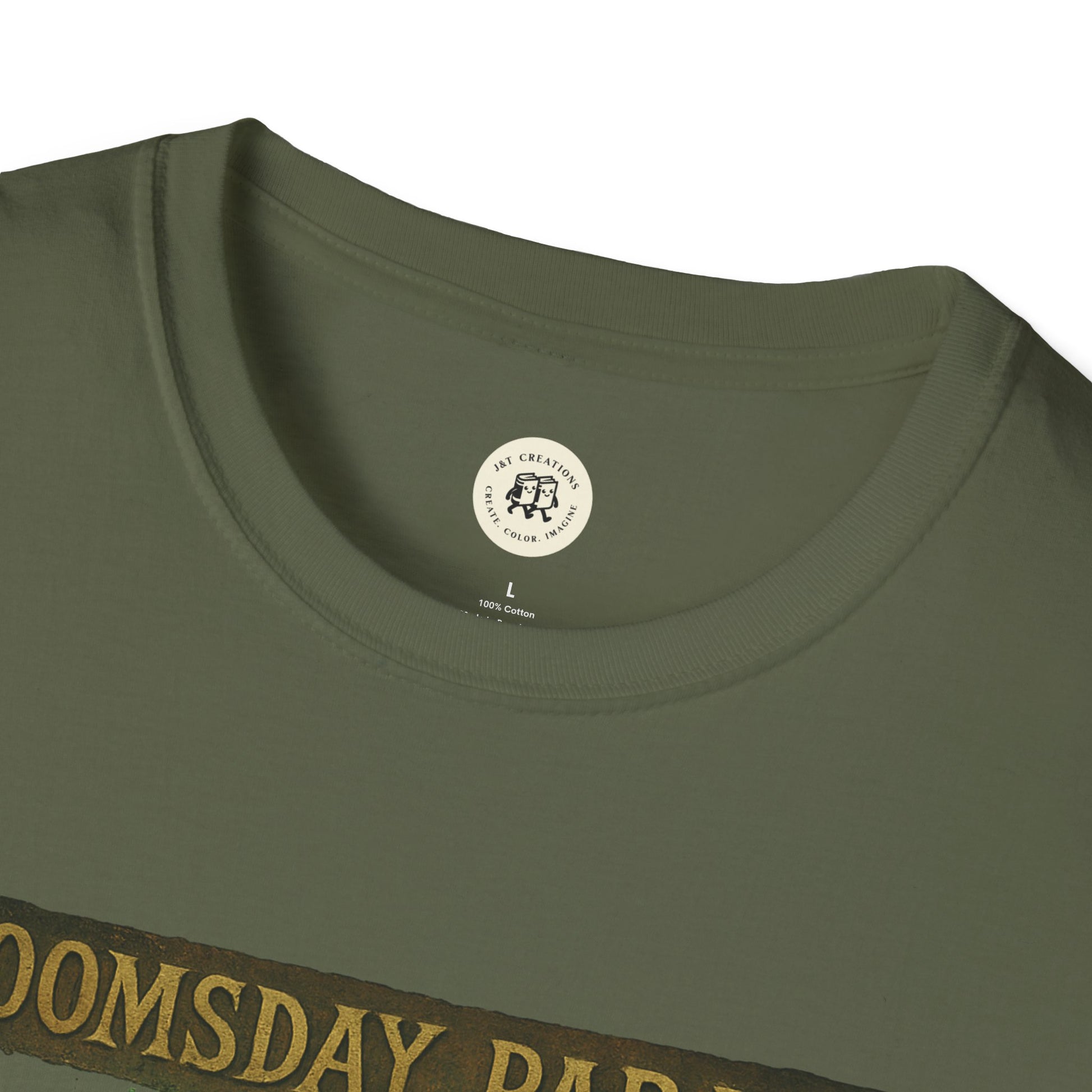 Printify olive green Doomsday Parade graphic tee with crew neckline and partial front text design