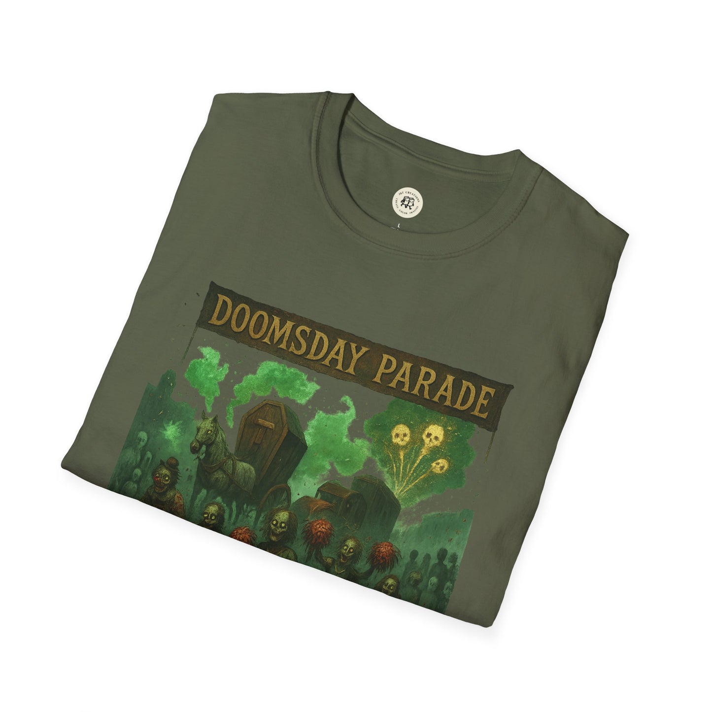 Printify olive green Doomsday Parade graphic tee featuring spooky zombie and coffin design