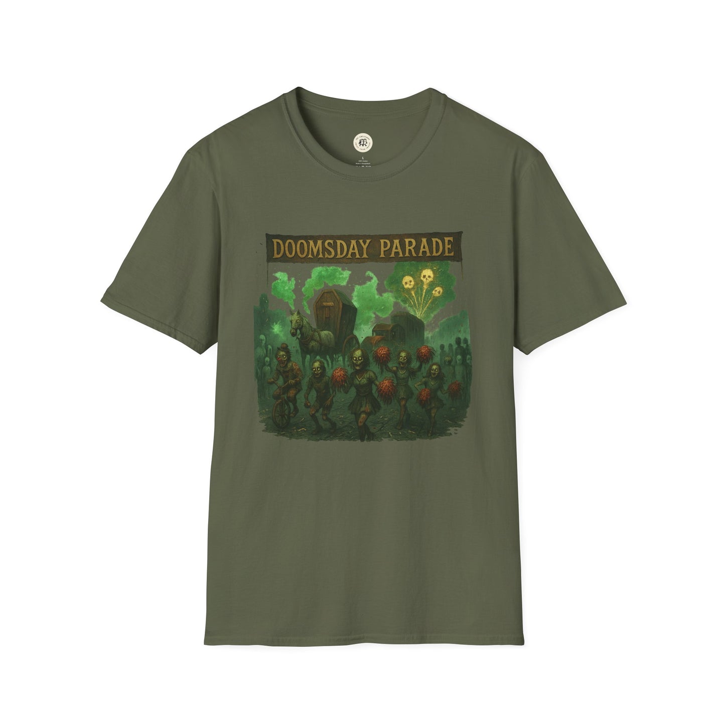 Olive green Printify t-shirt featuring a dark Doomsday Parade graphic tee with eerie characters and smoky background