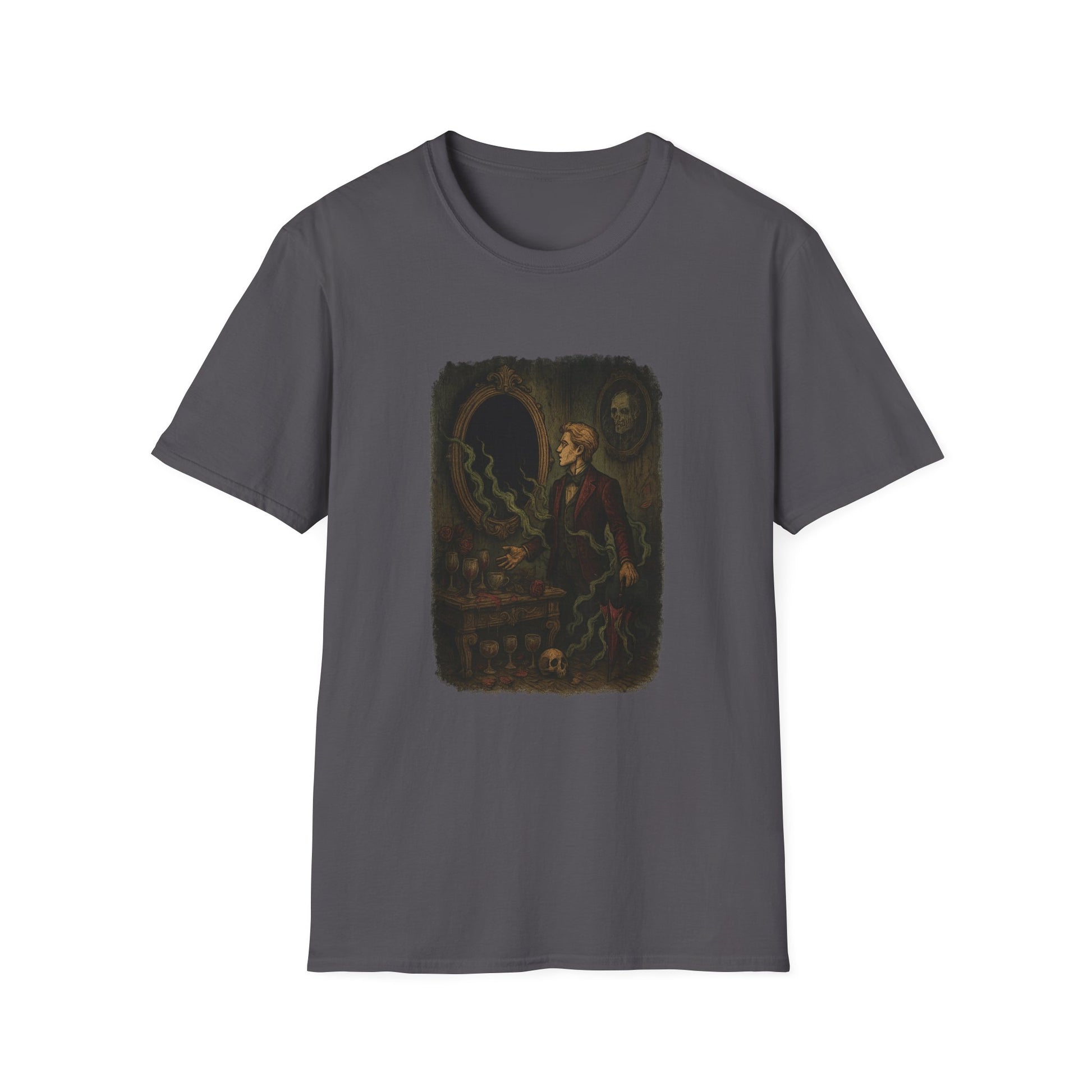 Printify Dorian Gray graphic t-shirt with dark artistic design featuring a man and mirror on gray background