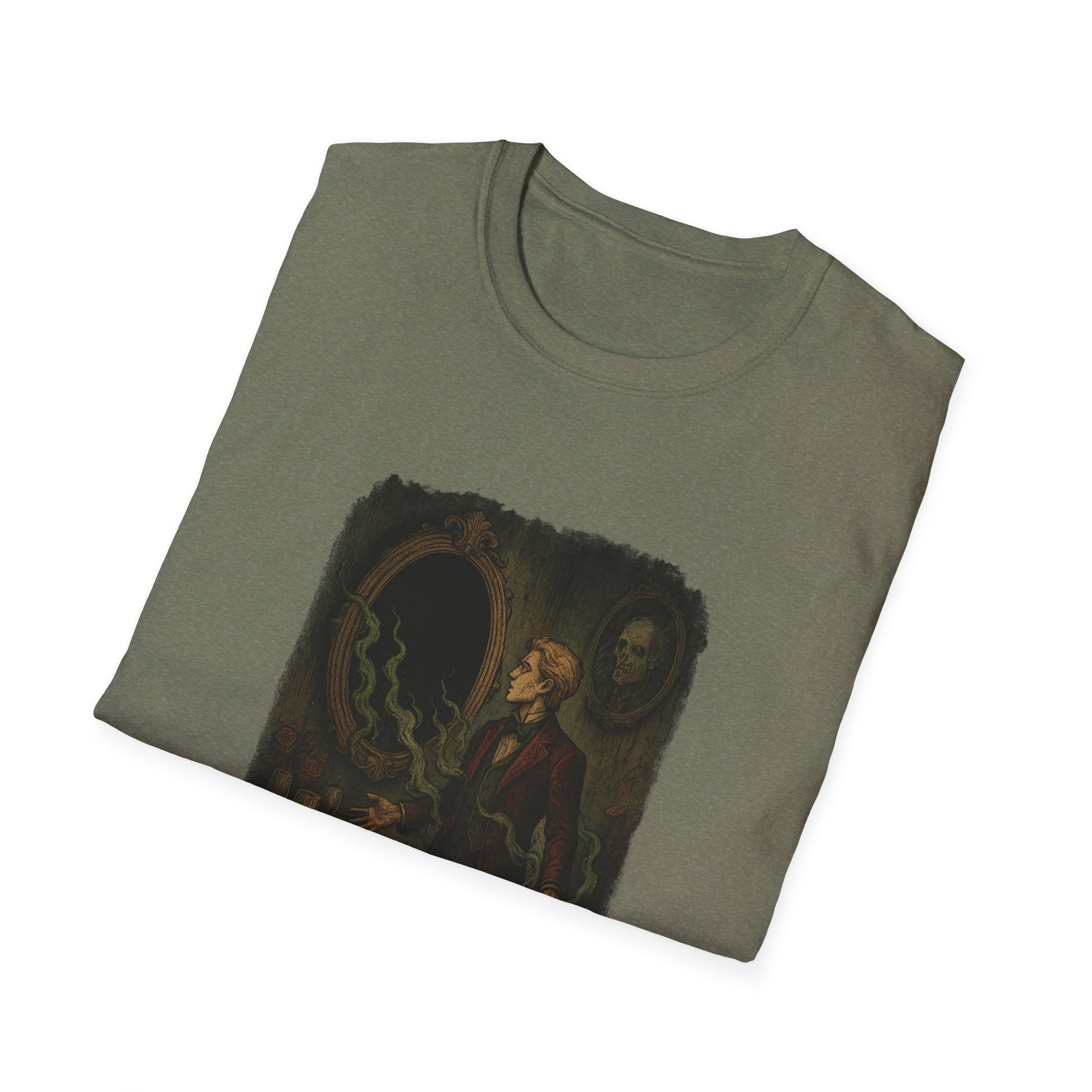 Printify Dorian Gray graphic t-shirt in olive green featuring vintage illustration of man and mirror