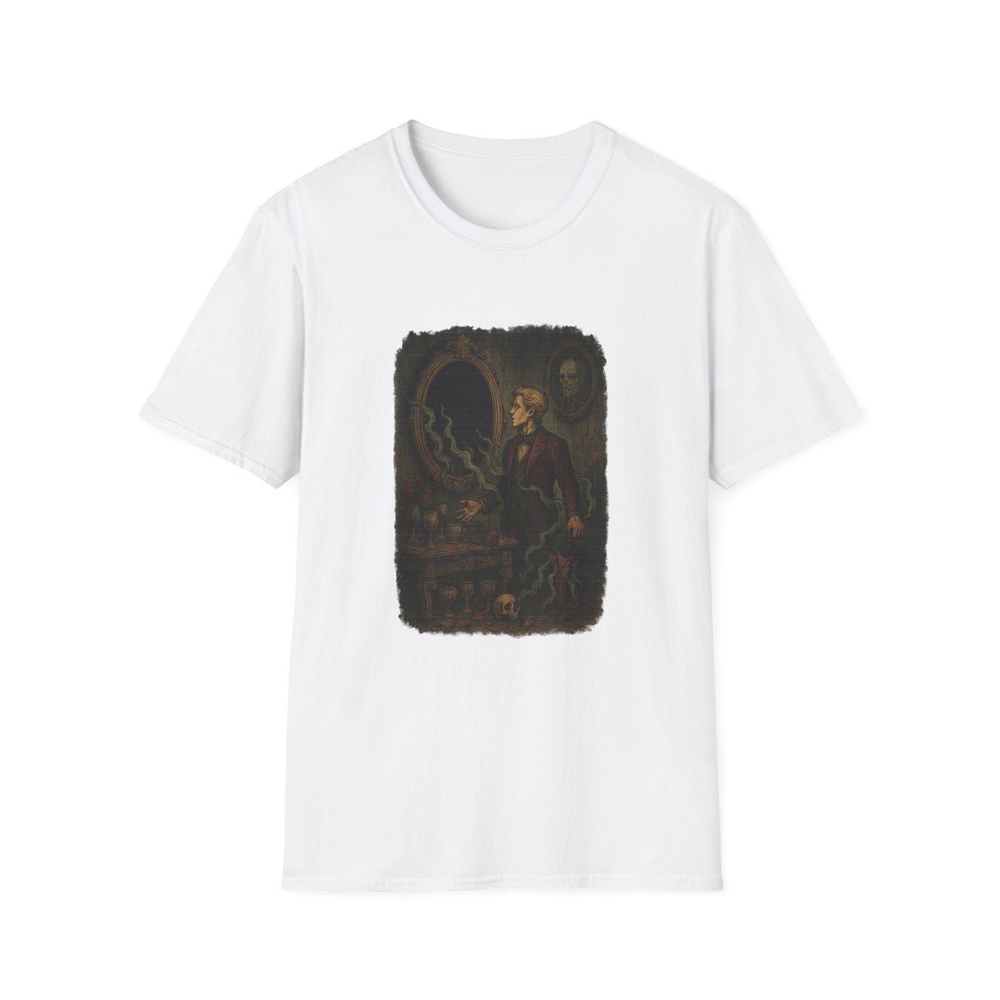 White Printify t-shirt featuring a Dorian Gray graphic t-shirt design with a vintage dark illustration