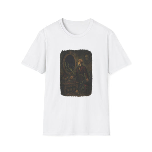 White Printify t-shirt featuring a Dorian Gray graphic t-shirt design with a vintage dark illustration