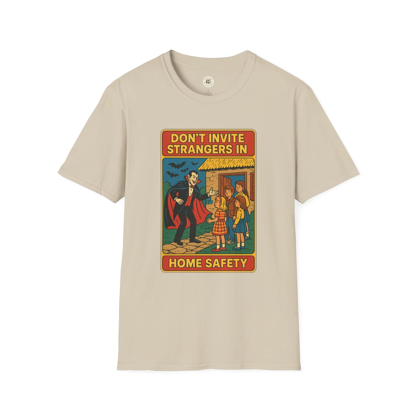 Beige Printify Dracula home safety t-shirt with vintage style graphic warning about strangers
