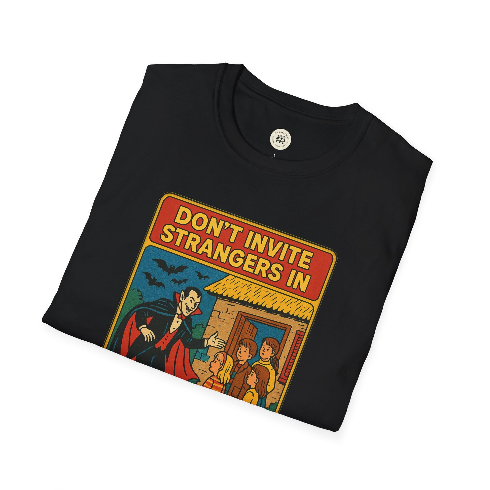 Black Dracula home safety t-shirt with cartoon vampire and safety message print by Printify