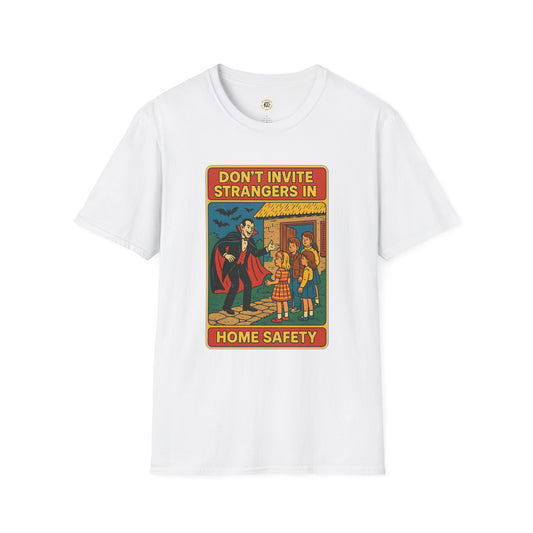 White Printify Dracula home safety t-shirt featuring vintage Dracula warning design about strangers