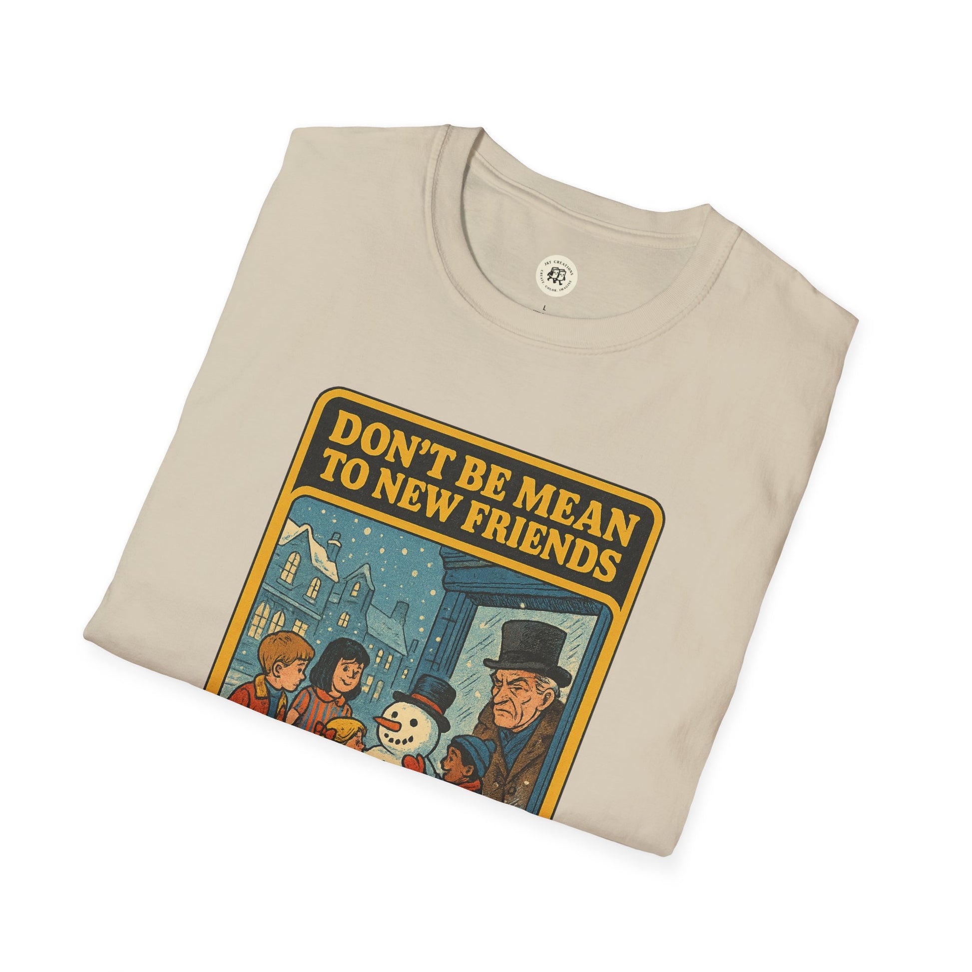 Printify beige Ebenezer Scrooge empathy t-shirt featuring a vintage style graphic with characters and message