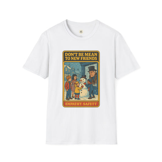 White Printify Ebenezer Scrooge empathy t-shirt with vintage cartoon design and empathy safety message