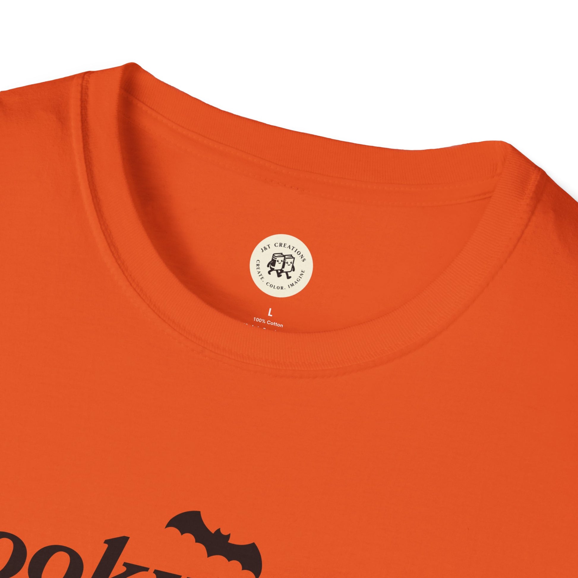 Orange eco-friendly Halloween t-shirt by Printify with bat graphic and round neckline