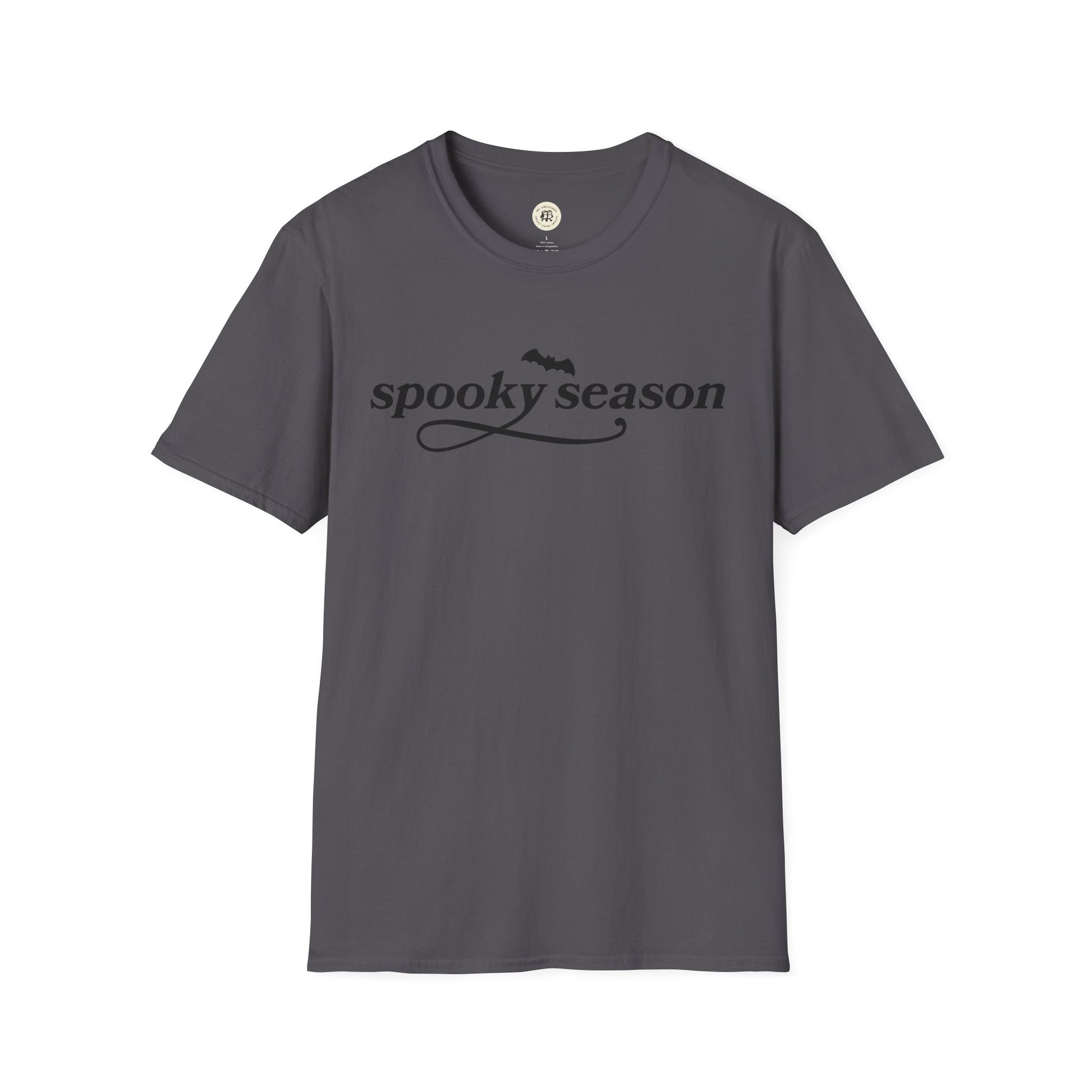 Printify dark gray eco-friendly Halloween t-shirt with spooky season text and bat graphic