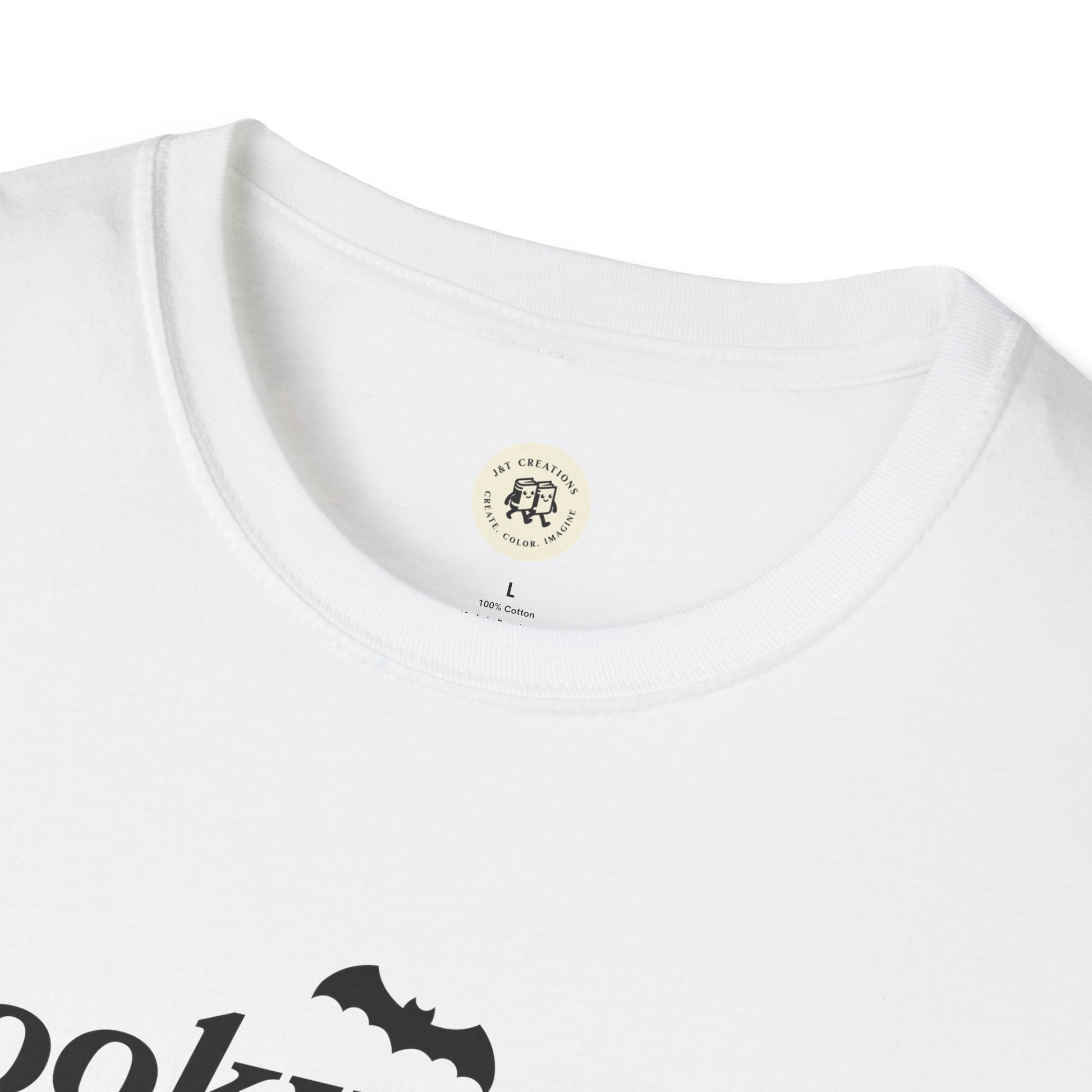 White Printify eco-friendly Halloween t-shirt featuring a black bat design on soft cotton fabric