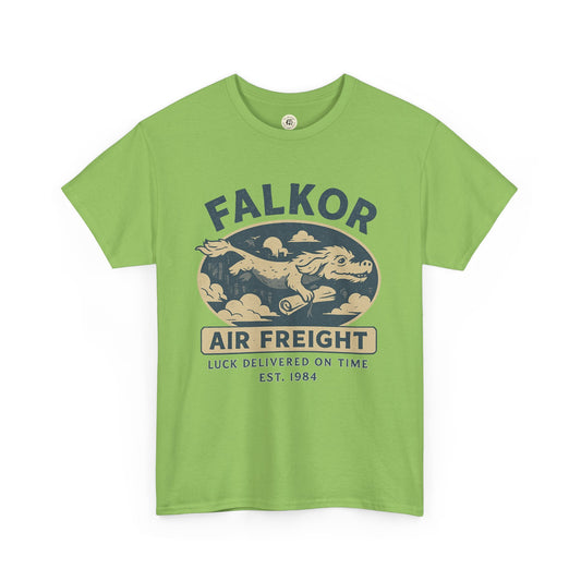 Green Falkor Neverending Story t-shirt with flying dragon graphic and air freight design