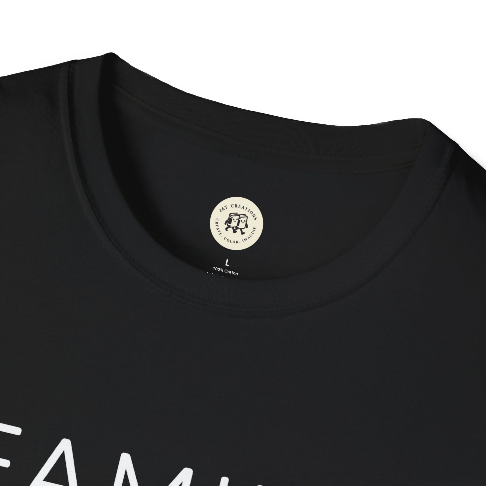 Close-up of black Printify family reunion t shirt with round neckline and visible tag