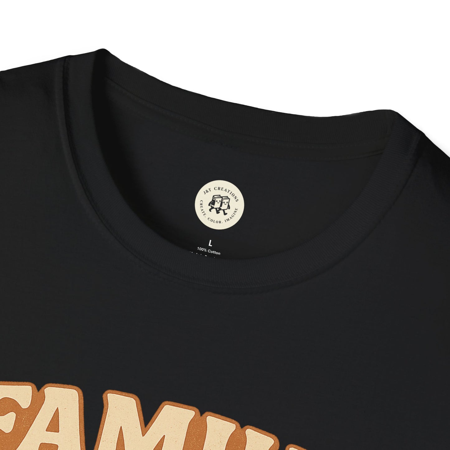 Close-up of black family reunion t-shirt collar and part of print by Printify