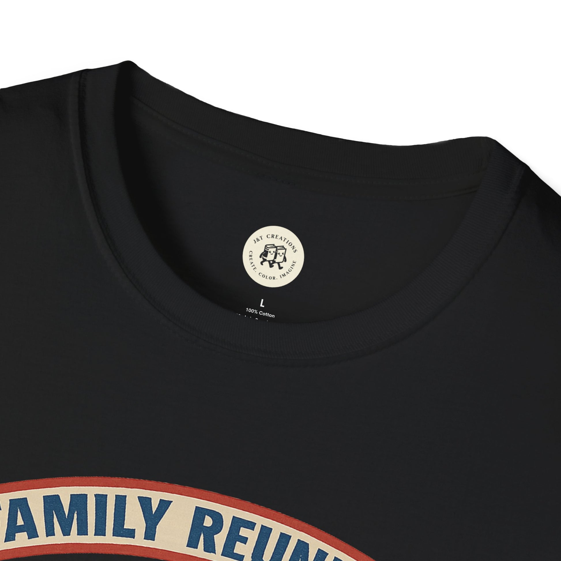 Black Printify T-shirt with family reunion t shirt design in blue and beige text on front