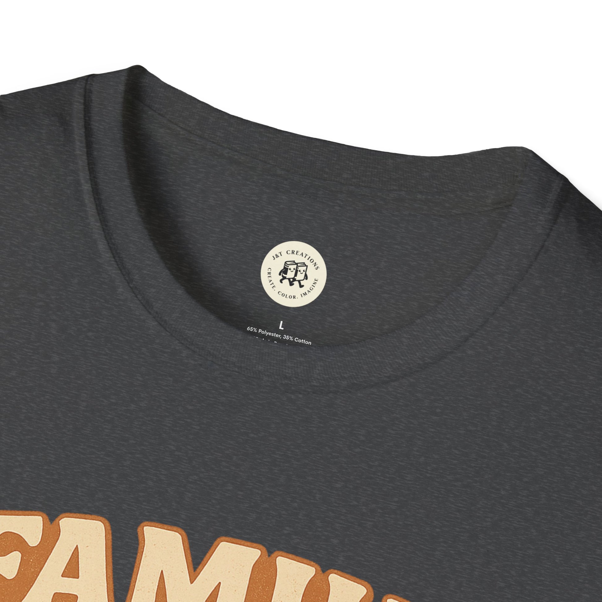 Close-up of Printify dark gray family reunion t-shirt showing neckline and partial design