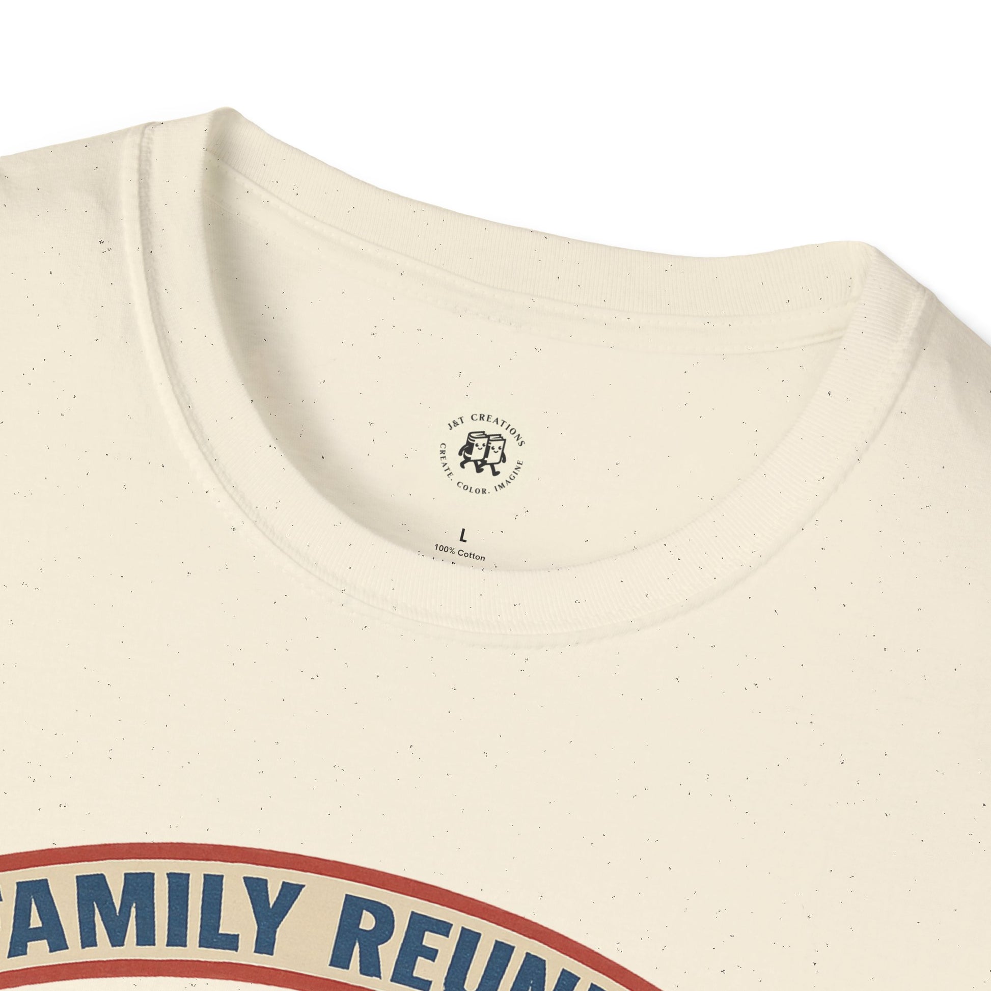 Close-up of cream Printify family reunion t shirt collar with blue and red print design