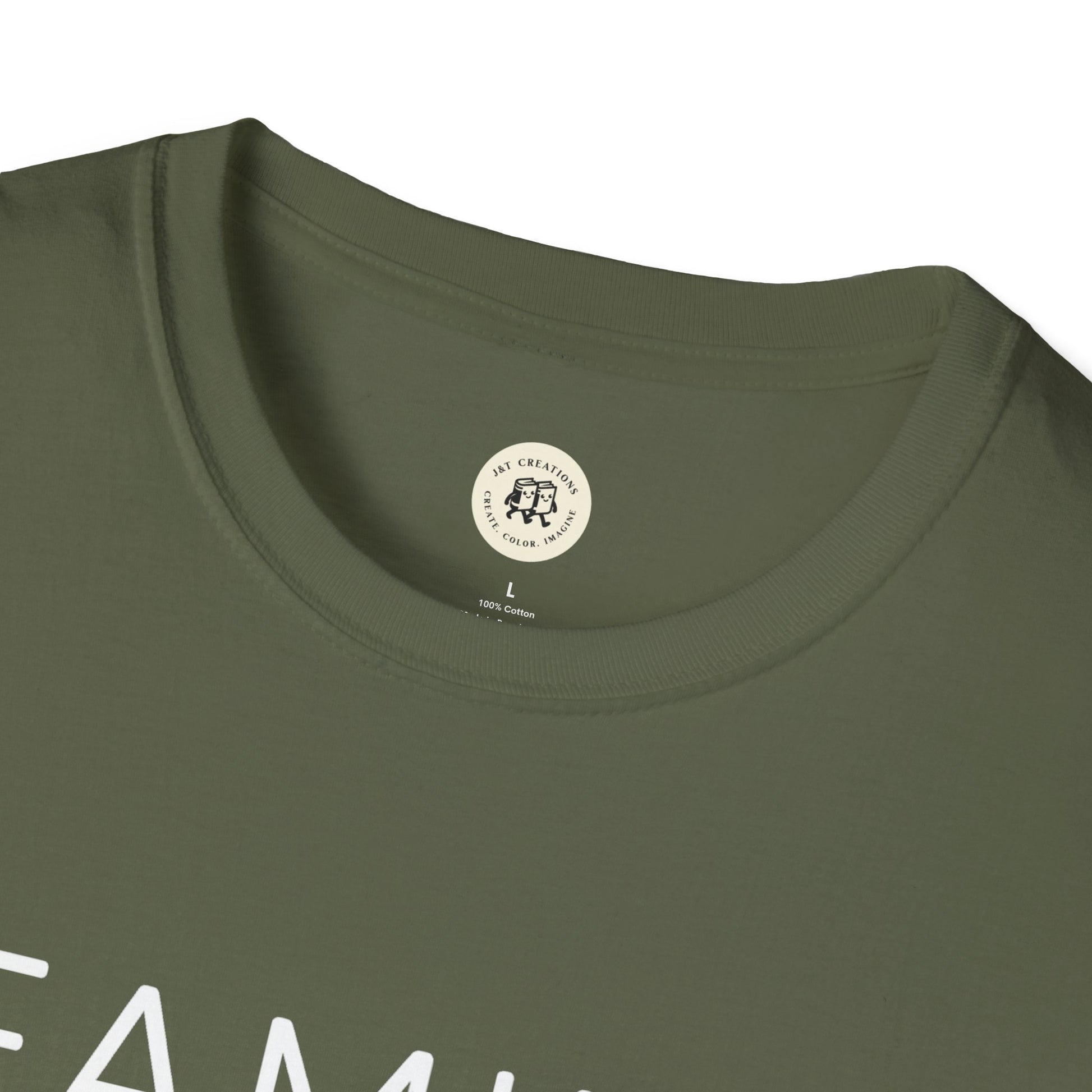 Olive green Printify family reunion t shirt with crew neck and cotton fabric