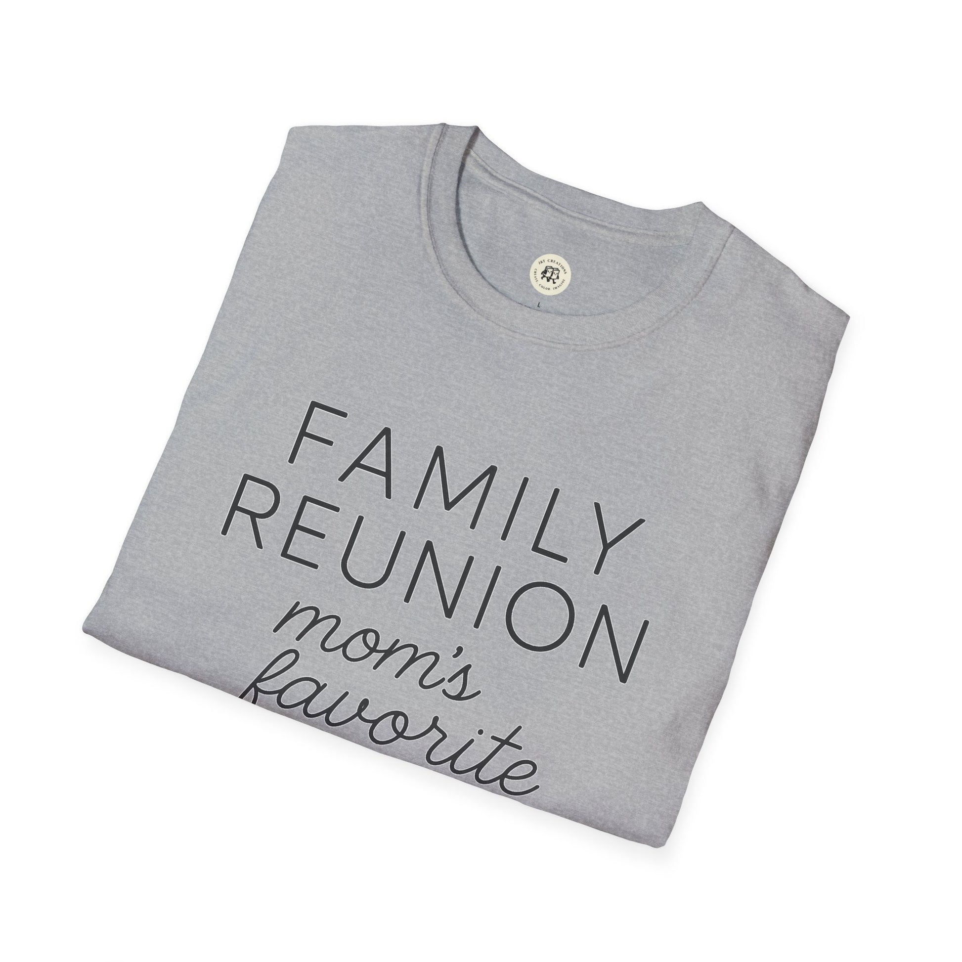 Gray Printify family reunion t-shirt for mom with black text folded on white background