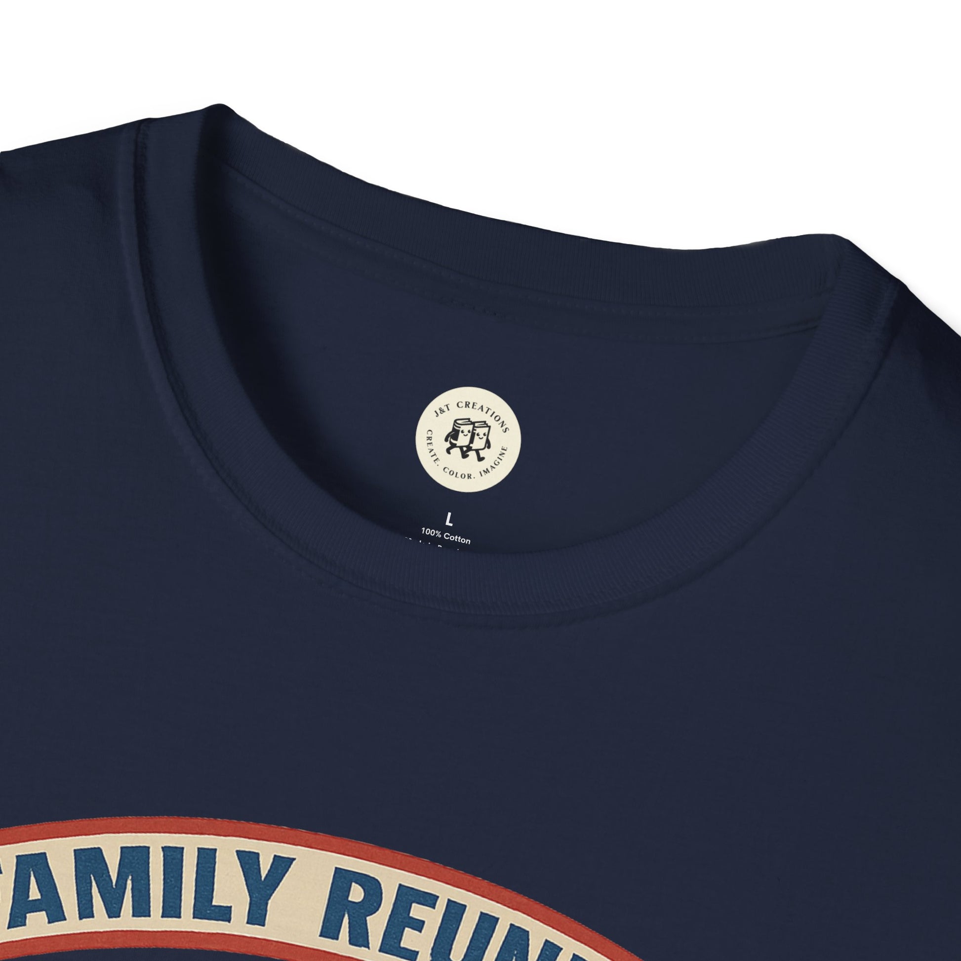 Close-up of Printify navy blue family reunion t shirt with round neckline and printed design