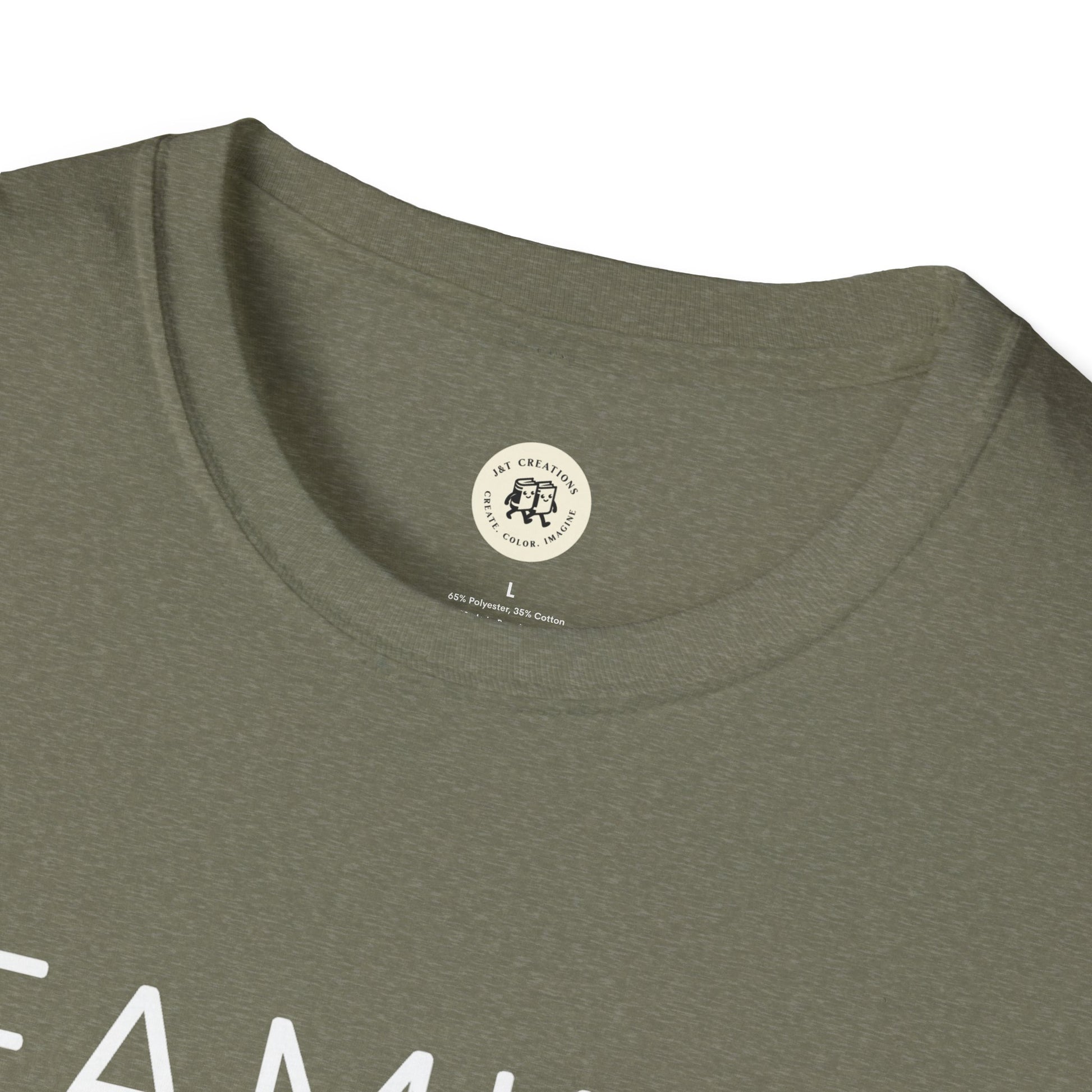 Printify olive green family reunion t shirt with crew neck and soft fabric close-up