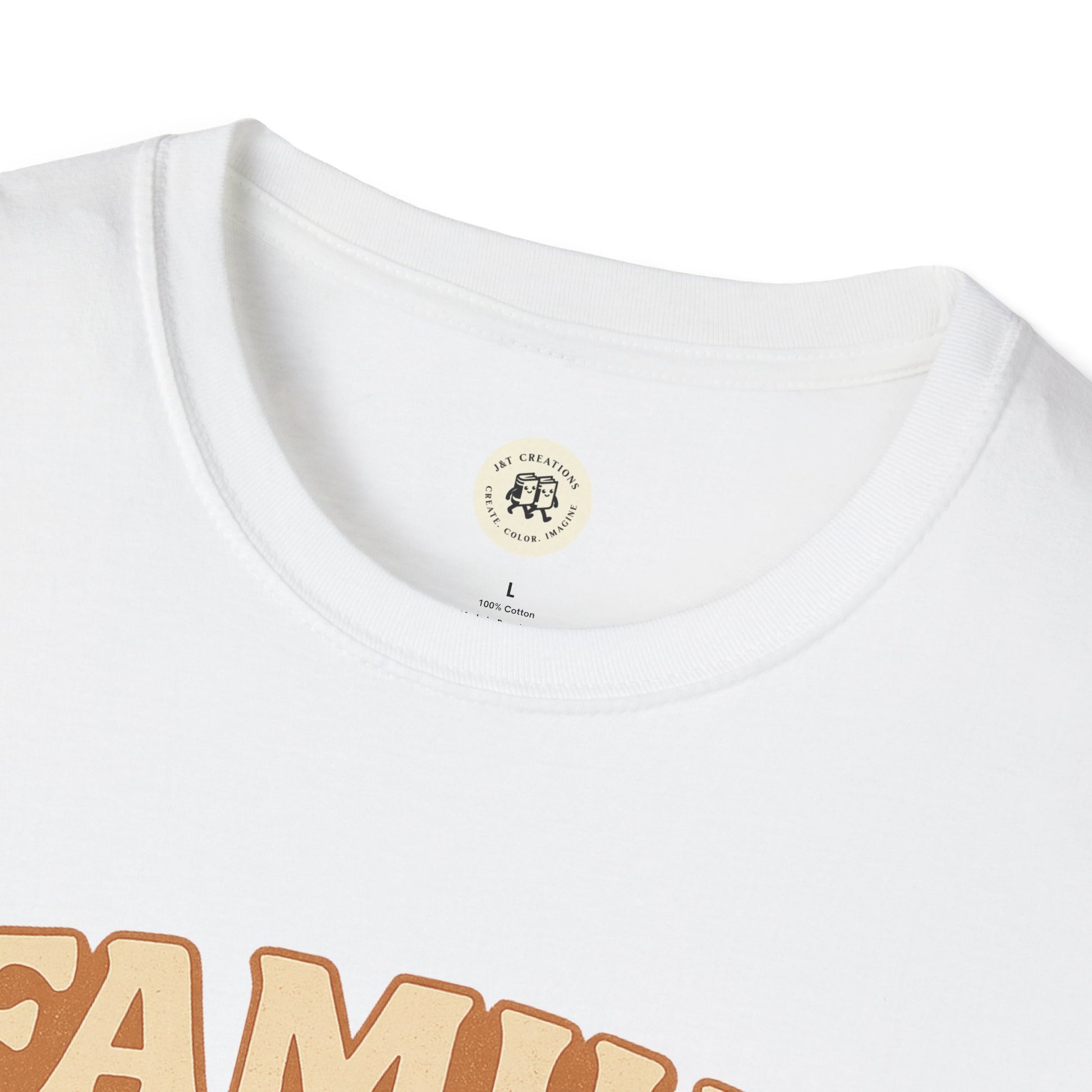 Close-up of white Printify family reunion t-shirt with crew neck and partial text design