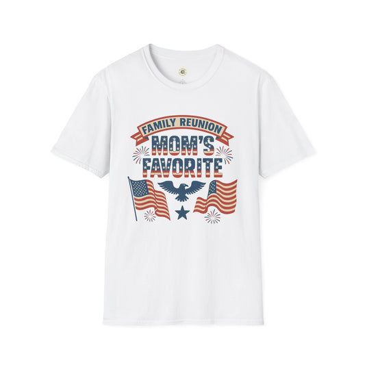 White Printify family reunion t shirt with Mom's Favorite patriotic design and American flags