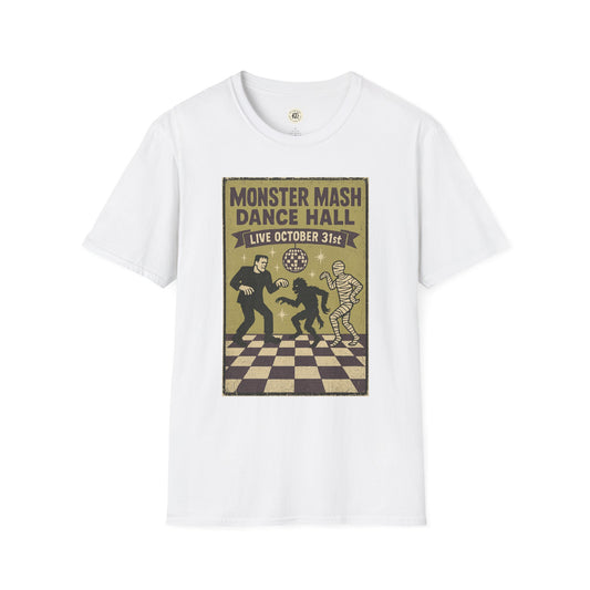 Printify white t-shirt featuring a vintage Halloween t-shirt design with Monster Mash dance hall graphic