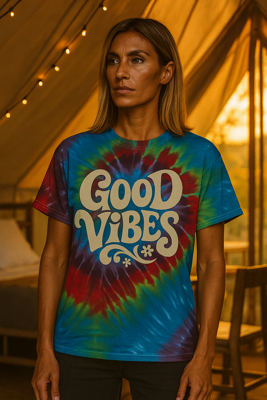 Printify festival tie dye t shirt with good vibes text worn by woman in cozy indoor setting