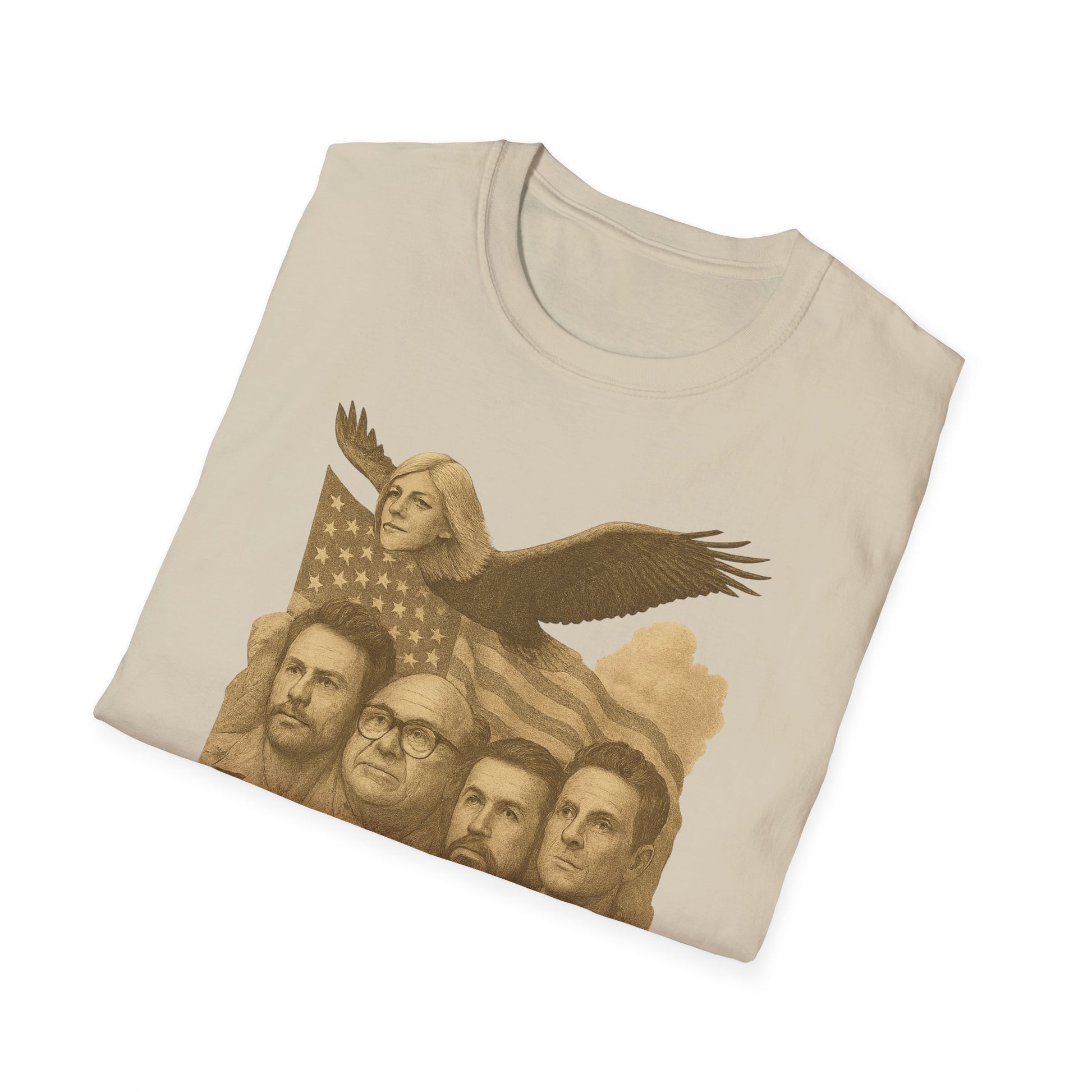 Beige Founding Fathers graphic t-shirt by Printify with vintage style portraits and American flag design