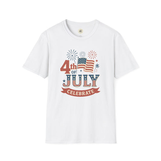 Printify white T-shirt with Fourth of July fireworks shirt design featuring flag and celebration text