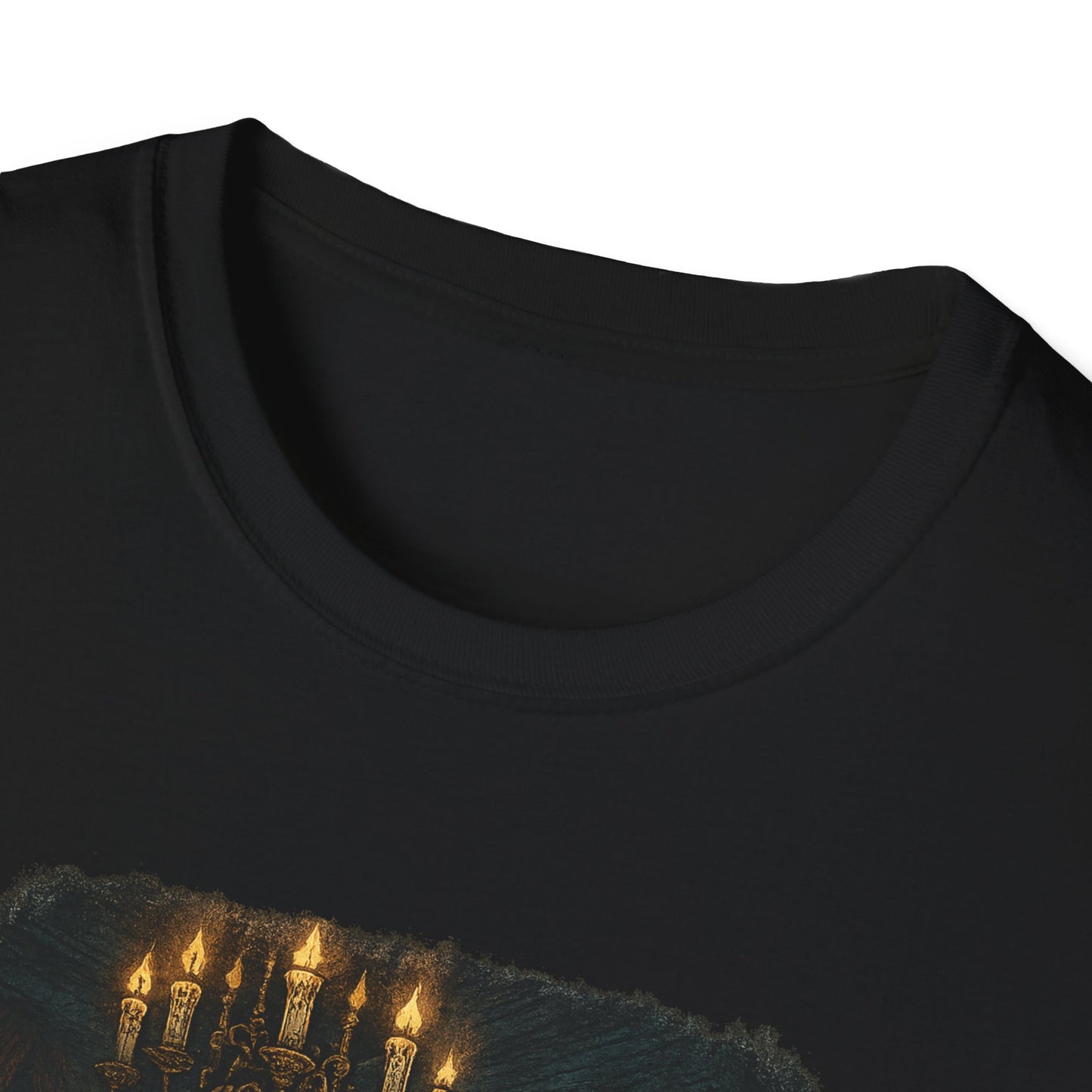 Black Printify Frankenstein couple t-shirt featuring a spooky candlelight design on the front