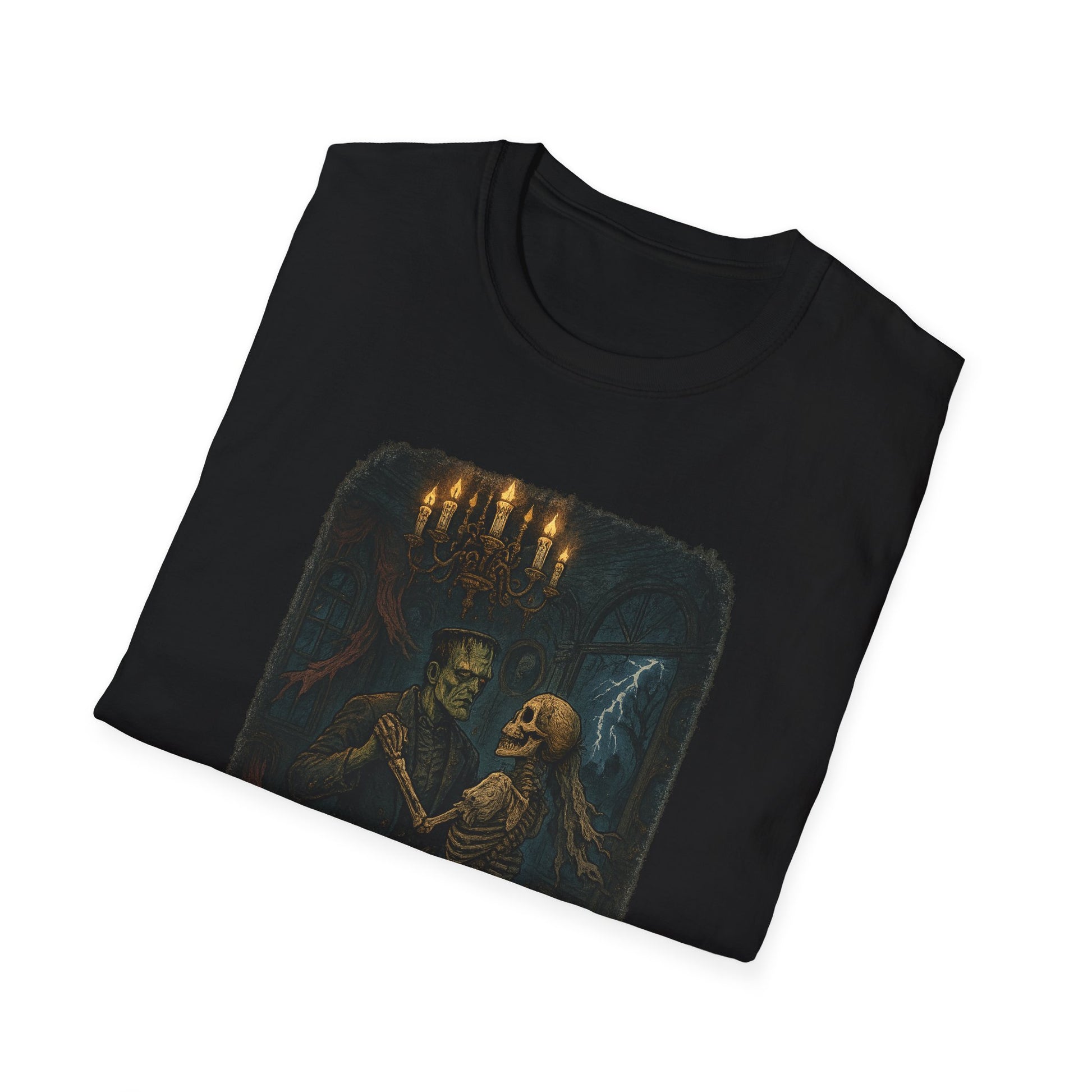 Black Printify Frankenstein couple t-shirt featuring Frankenstein and skeleton dancing under chandelier and storm