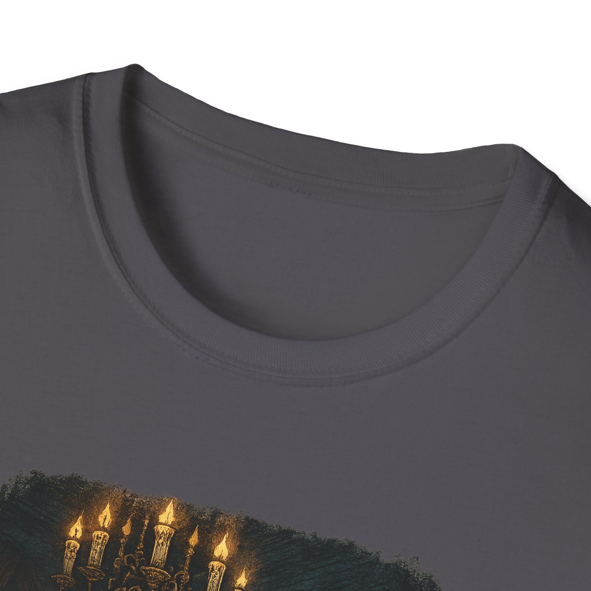 Close-up of a gray Frankenstein couple t-shirt from Printify featuring a dark graphic design