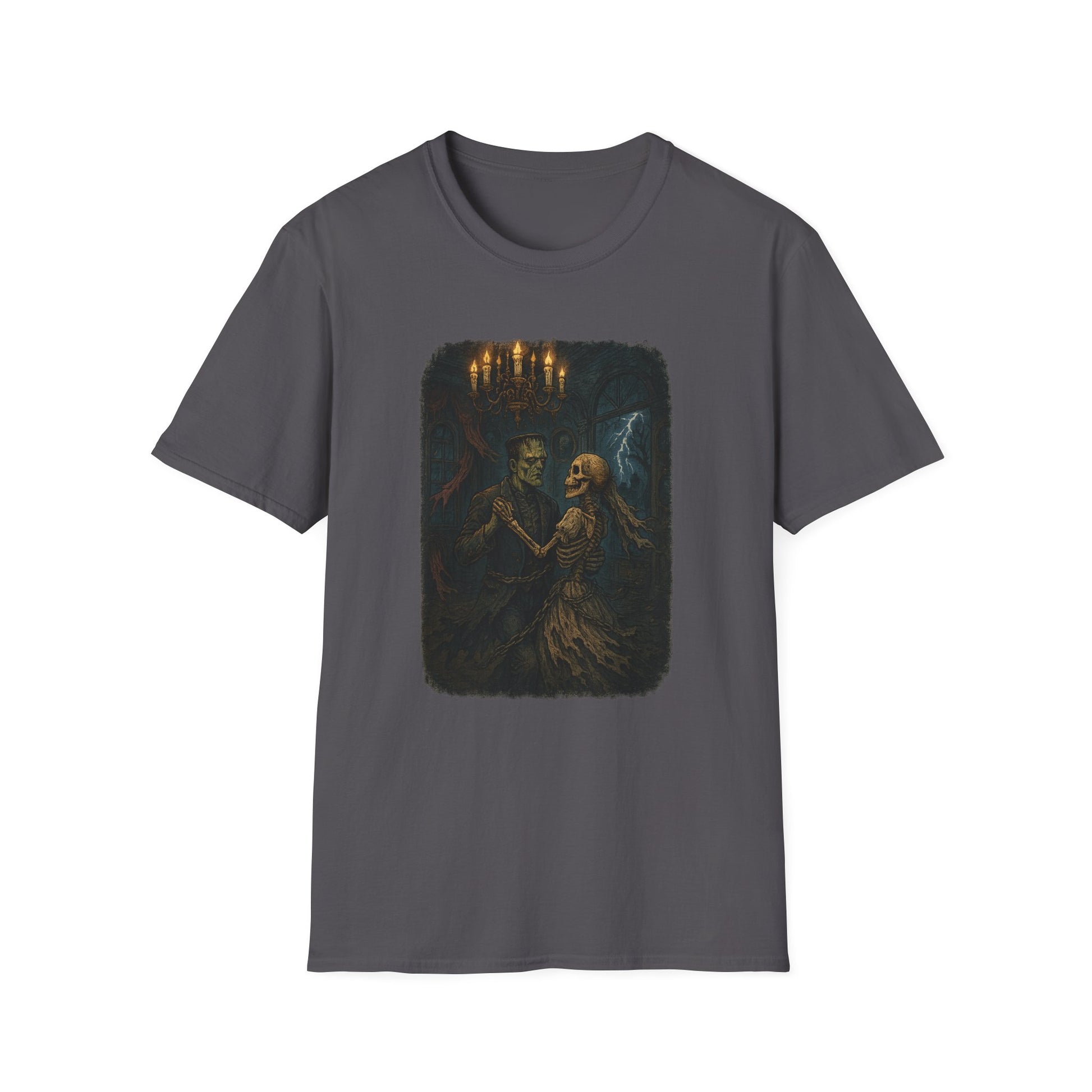 Printify Frankenstein couple t-shirt with dark gothic design of skeletons dancing under chandelier
