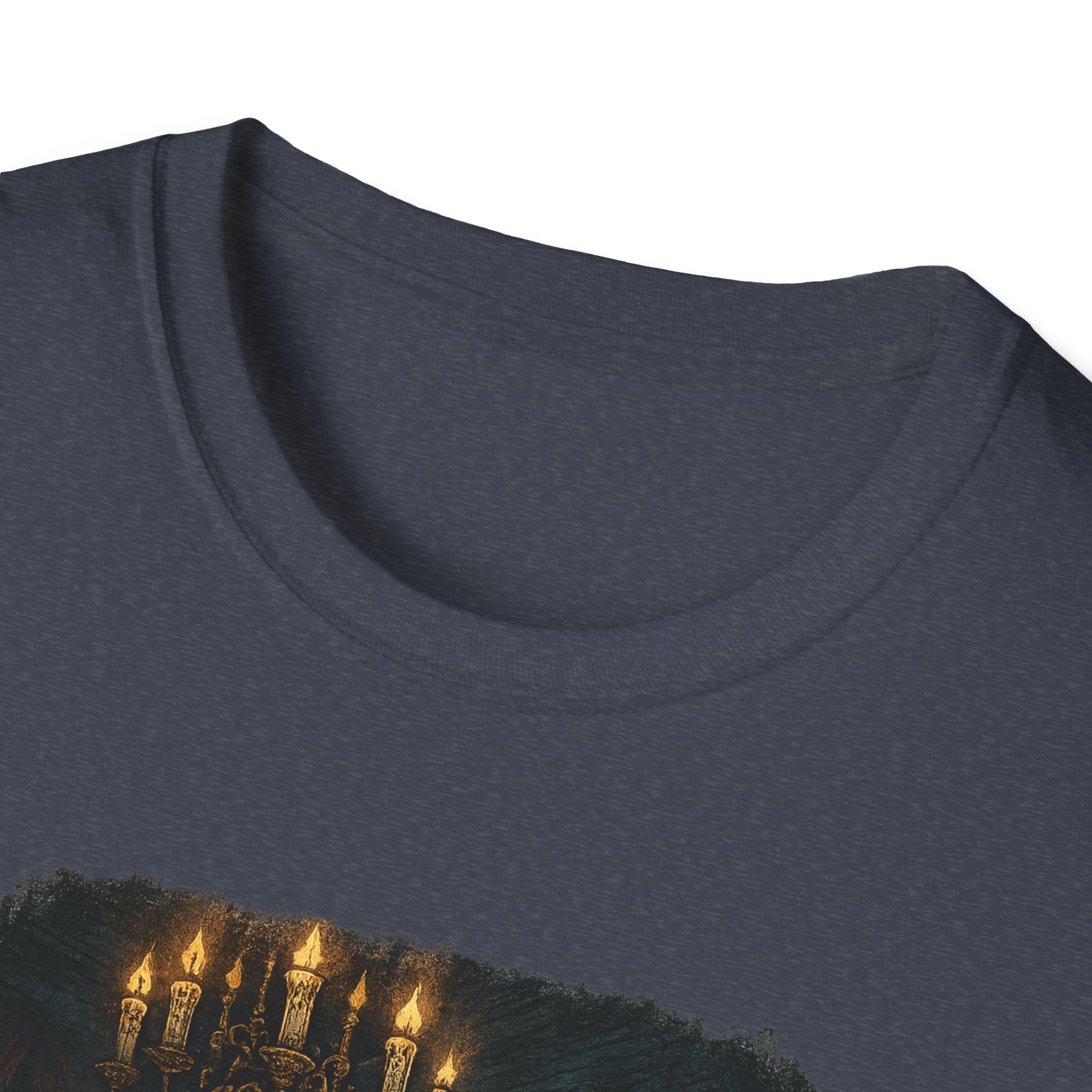 Close-up of dark gray Frankenstein couple t-shirt neckline and part of lit candle design by Printify